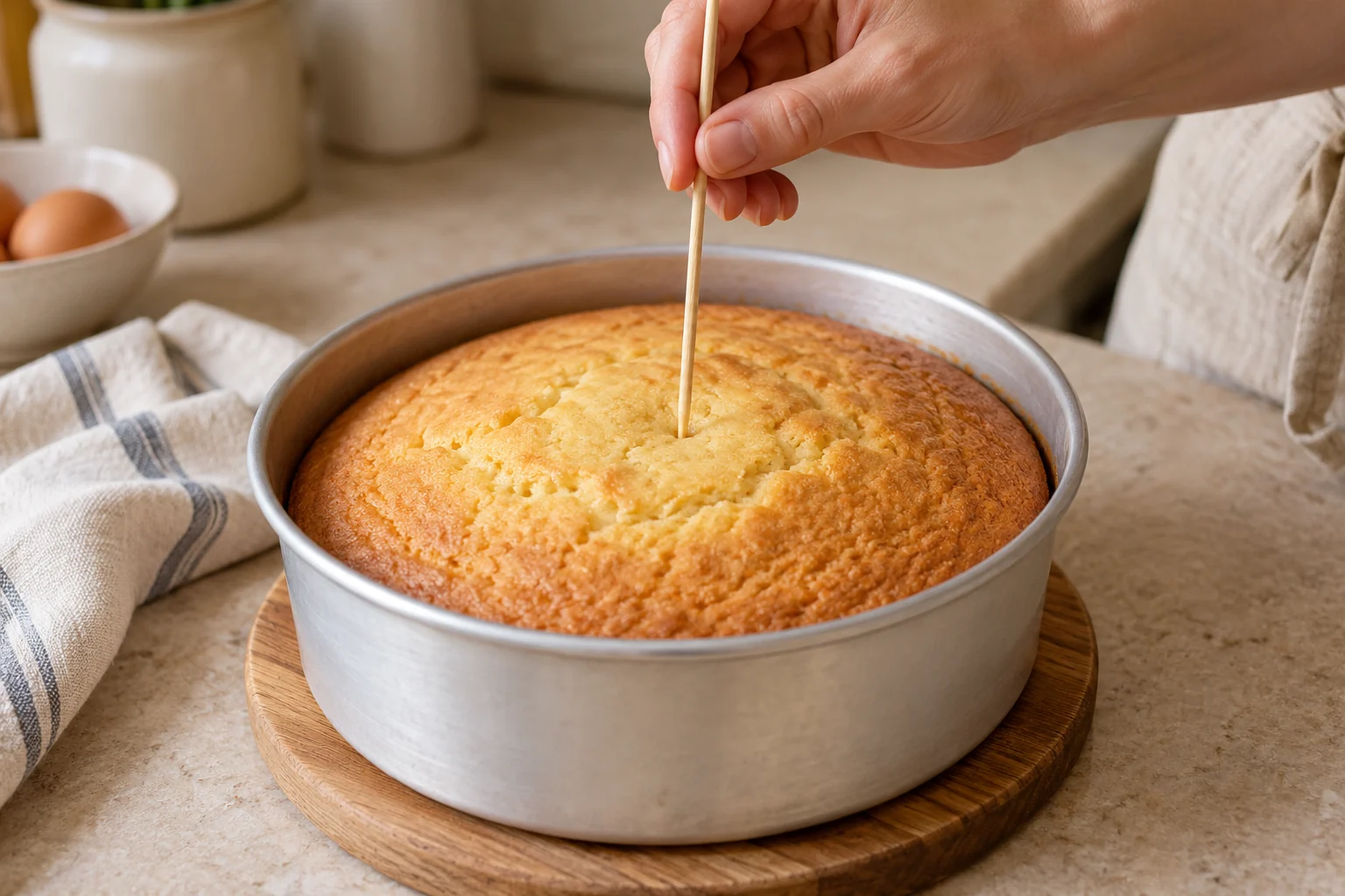 Checking the centre of a cake with a wooden skewer