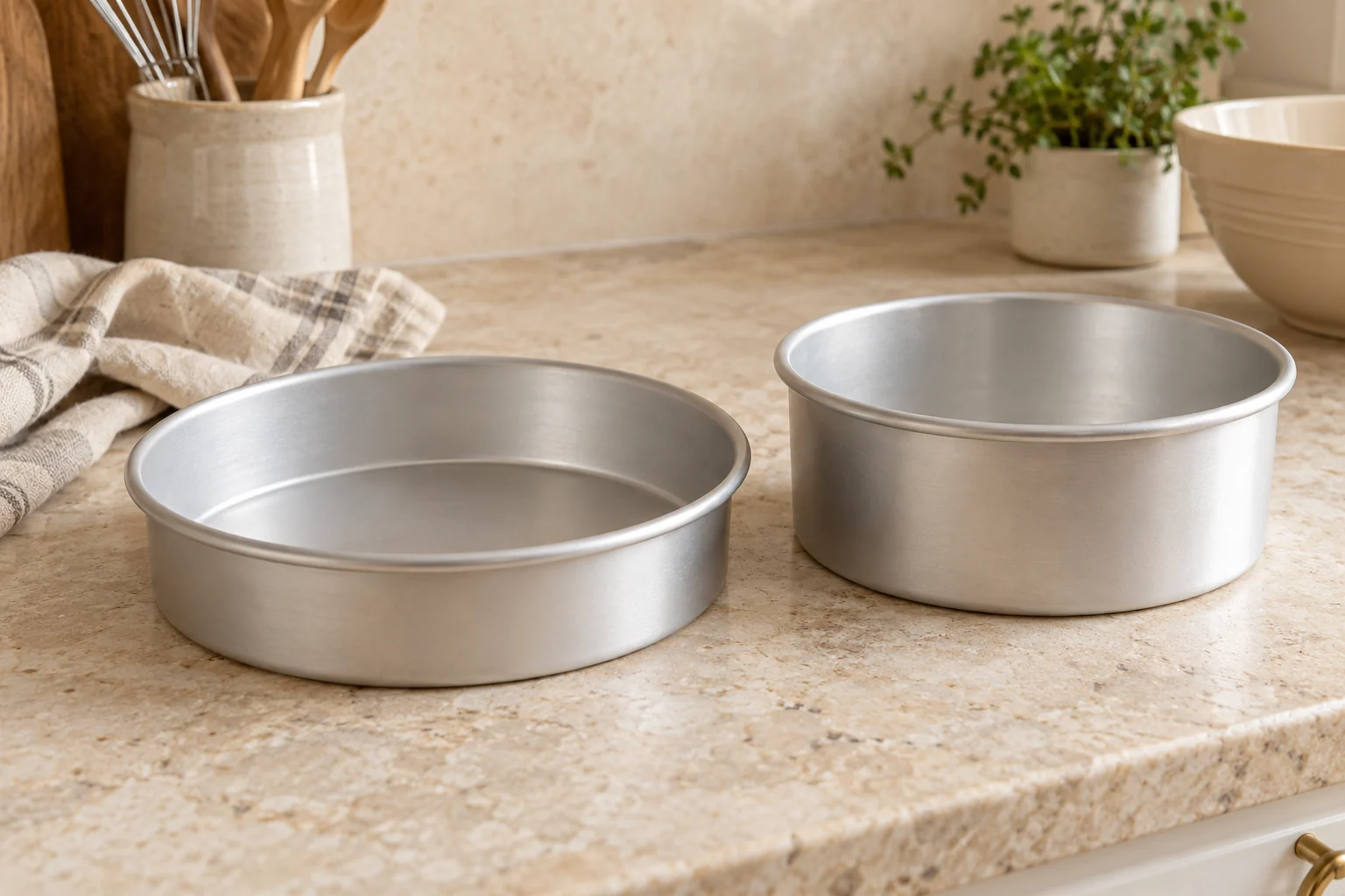 Shallow and deep round metal cake pans side by side