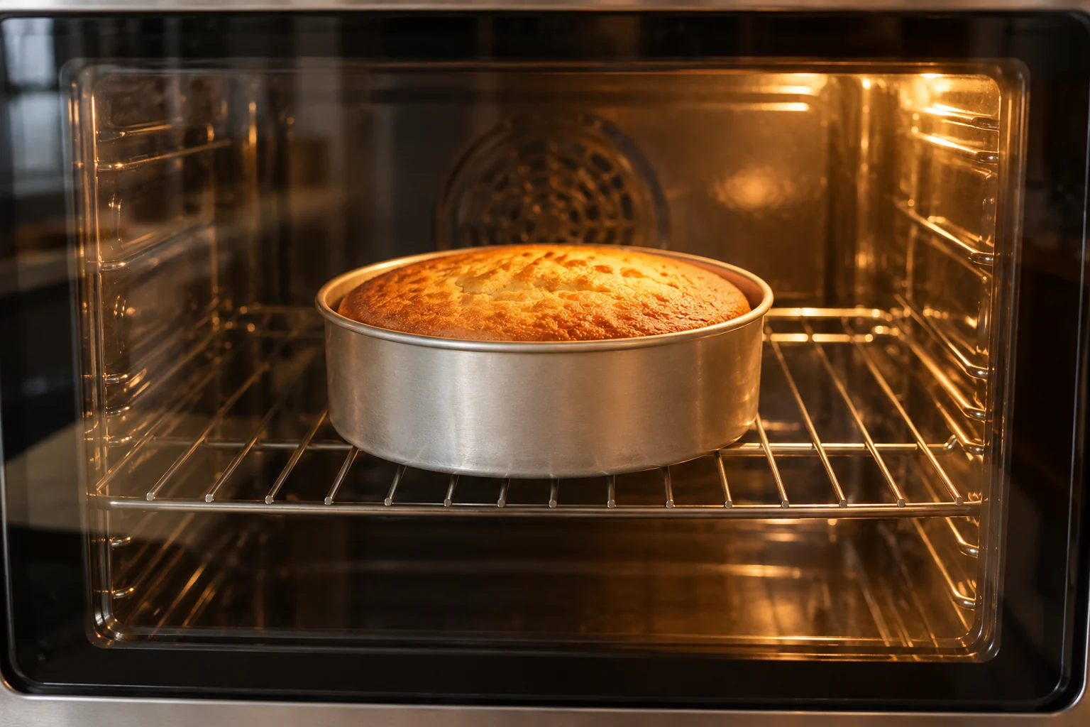 Cake baking in a tin on the middle oven rack
