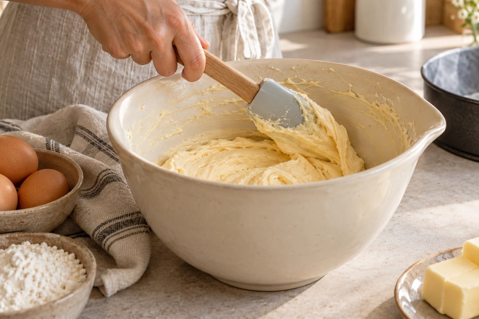Scraping cake batter from the inside of a mixing bowl
