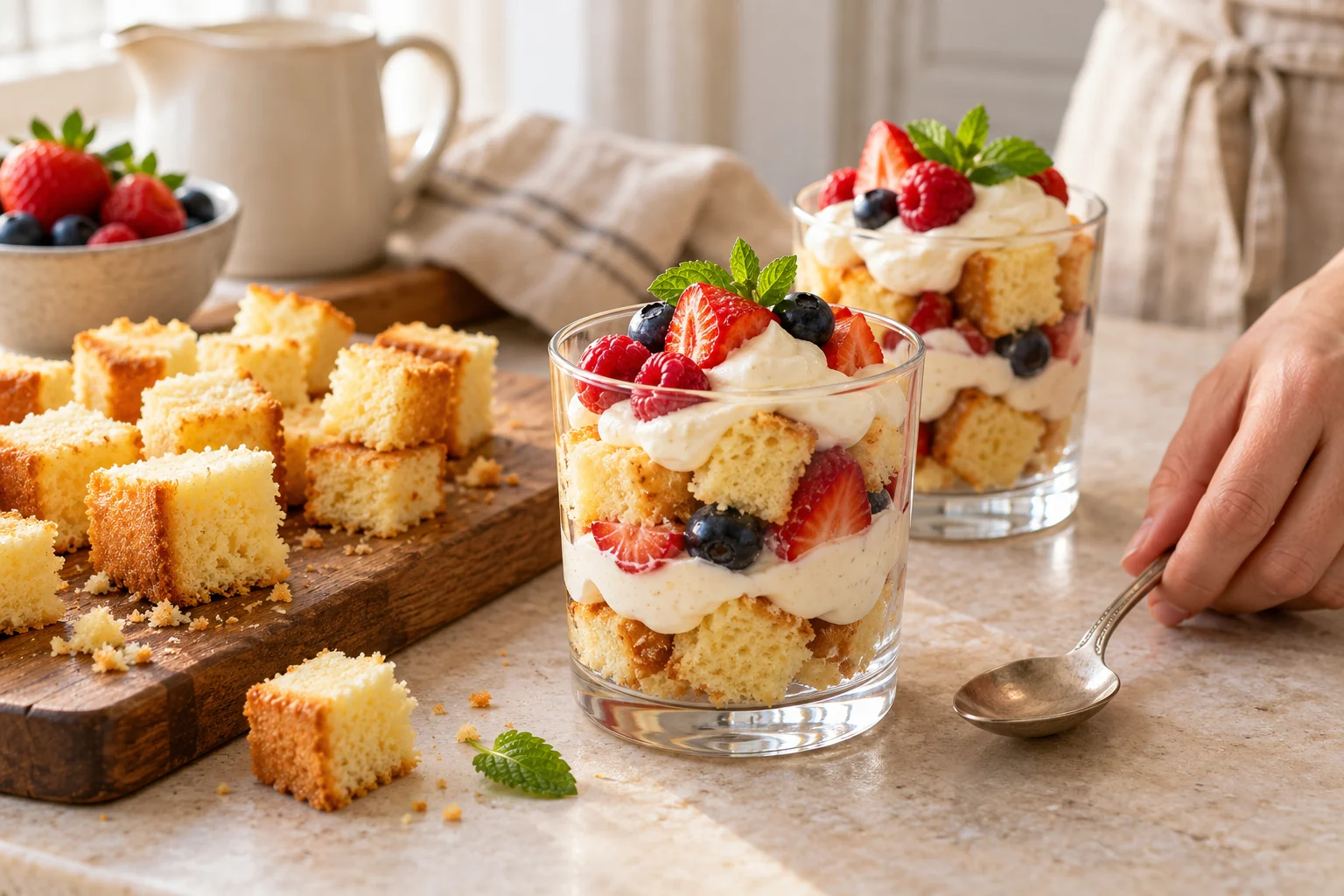 Fully baked cake cubes layered with cream and berries in dessert glasses