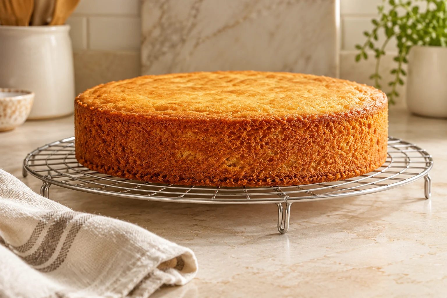 Evenly baked golden cake cooling on a wire rack