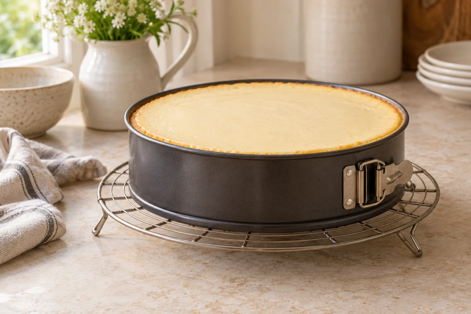 Cheesecake cooling in its pan on a wire rack
