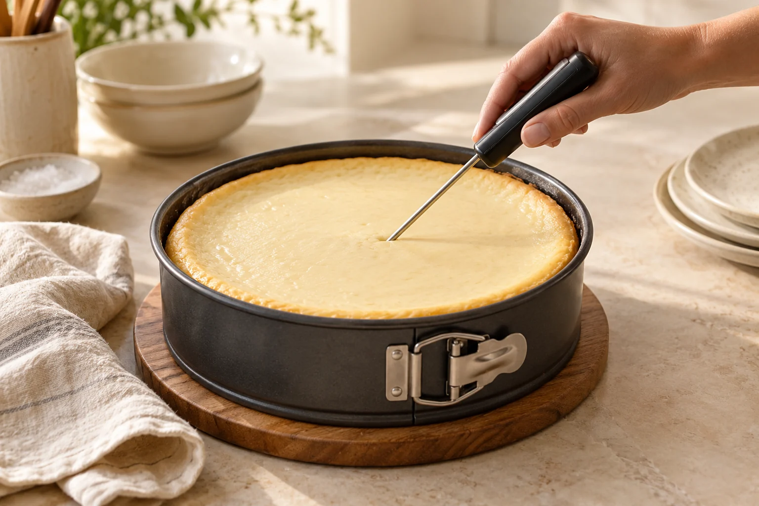 Checking the centre of cheesecake with a thin thermometer probe
