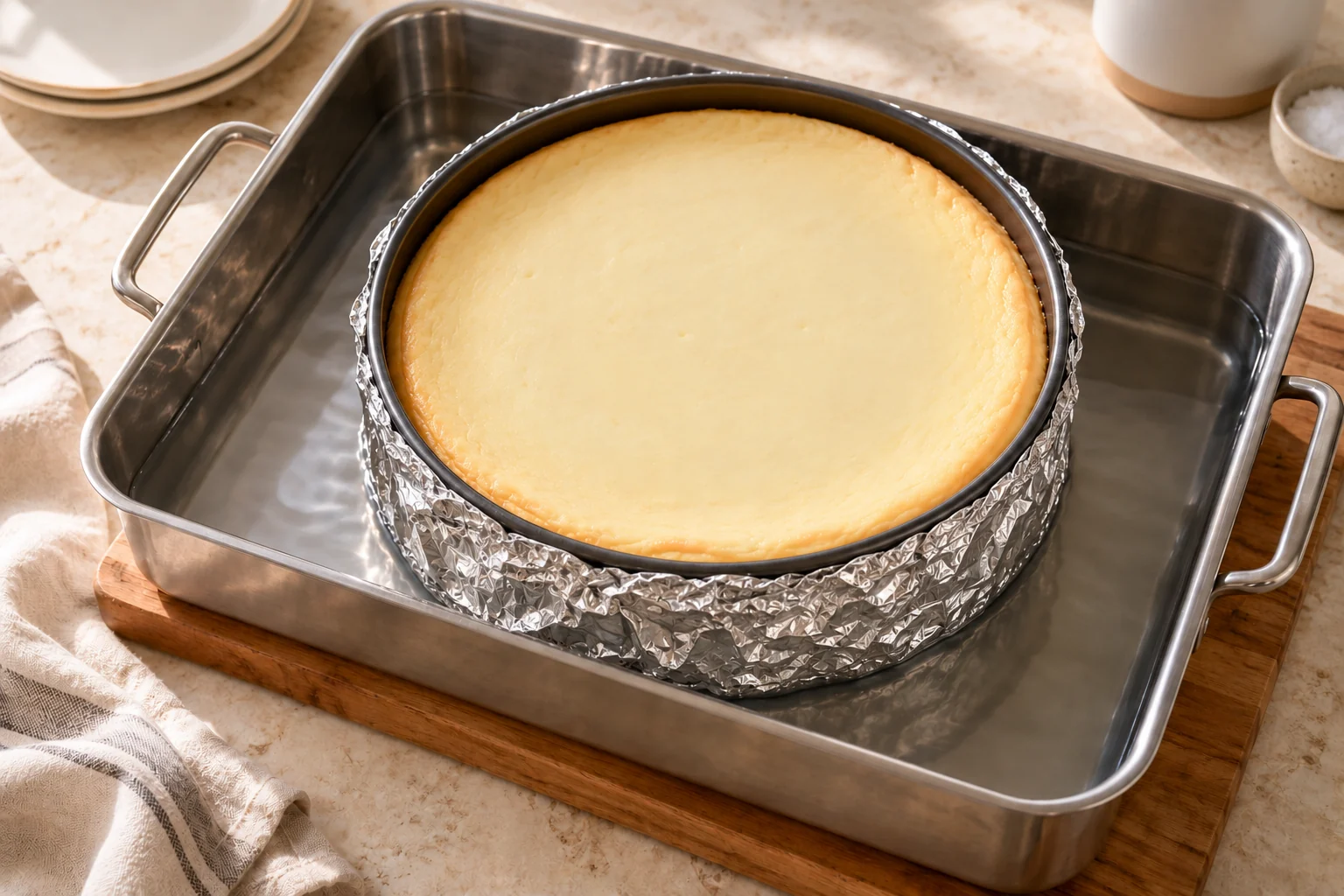 Foil-wrapped cheesecake pan inside a shallow water bath