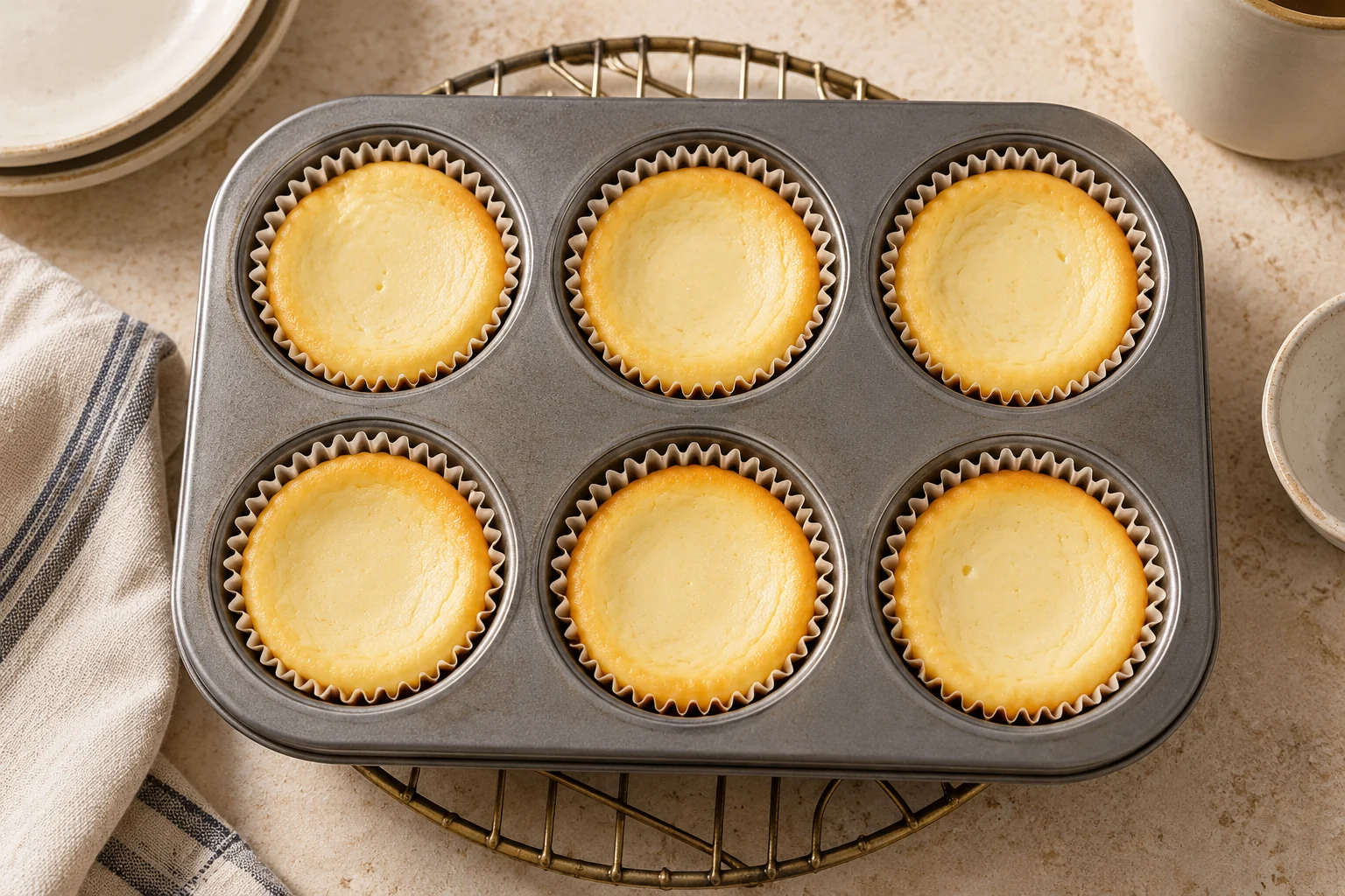 Six baked mini cheesecakes in a muffin tin