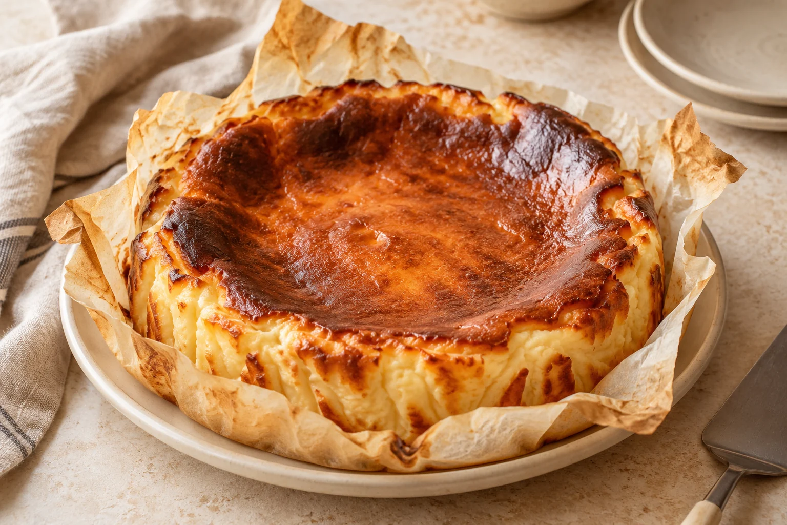 Basque cheesecake with a deeply browned top