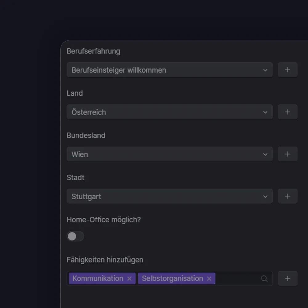 Darkmode CMS-Feldstruktur mit Kategorien und Tags