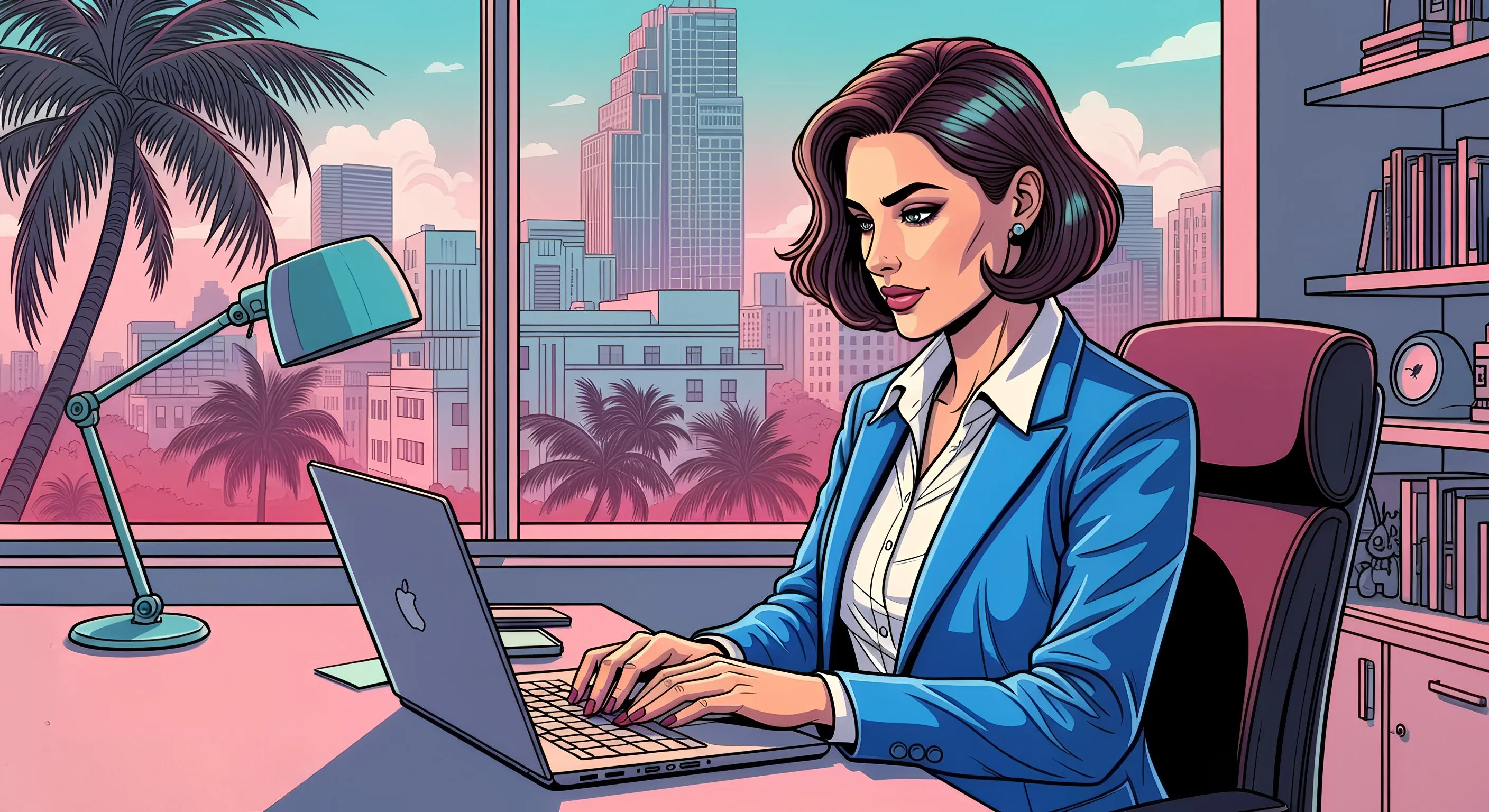 Comic-Szene mit stylischer Figur am Laptop im Palmen-Setup