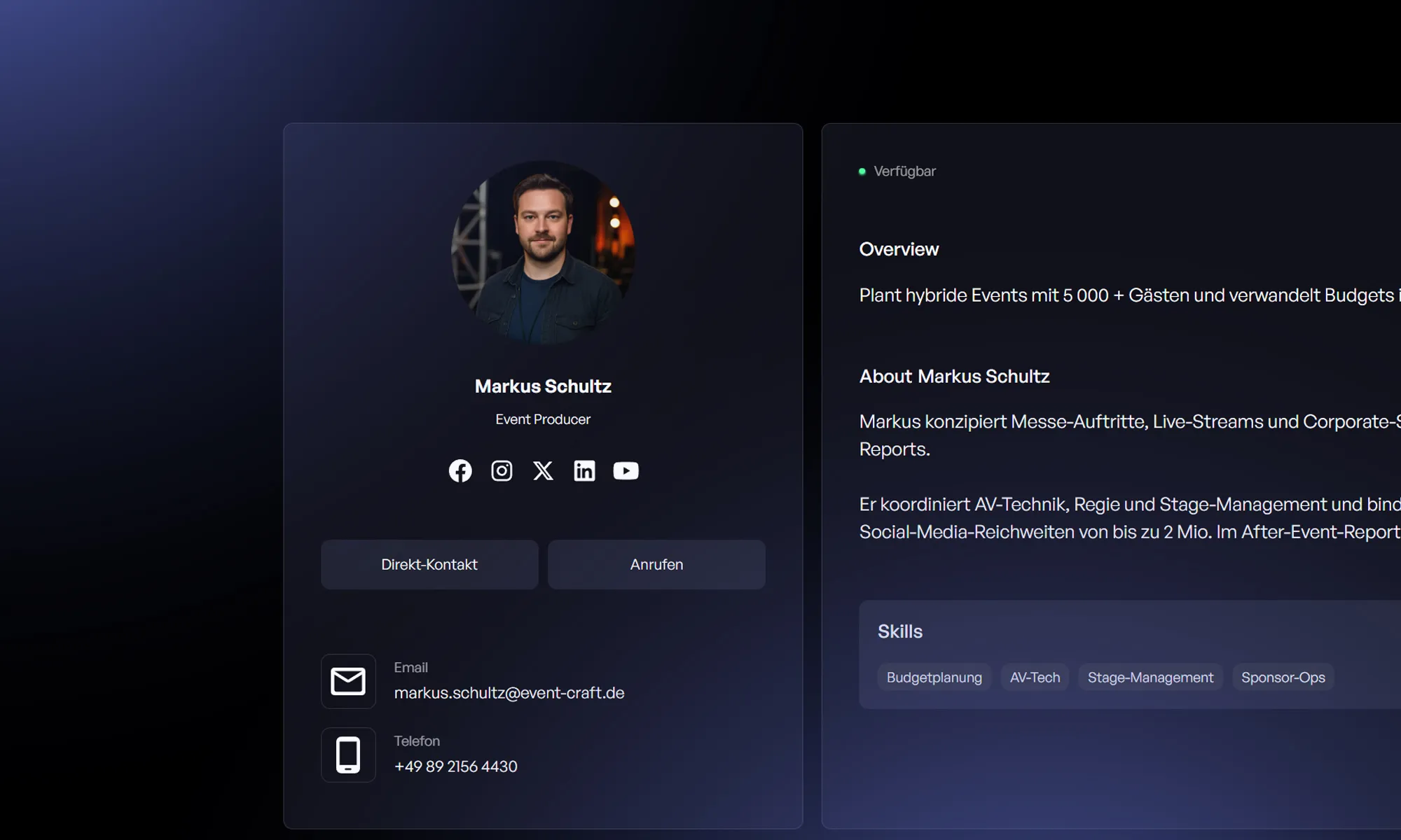 Profilansicht eines Teammitglieds im Darkmode