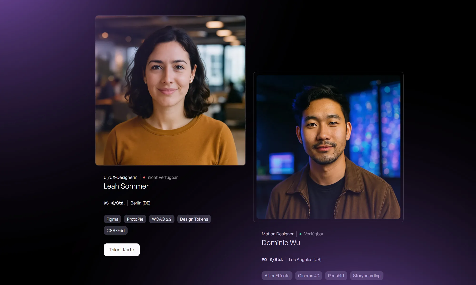 Talentpool-Portrait im Dark/Glas CMS Stil