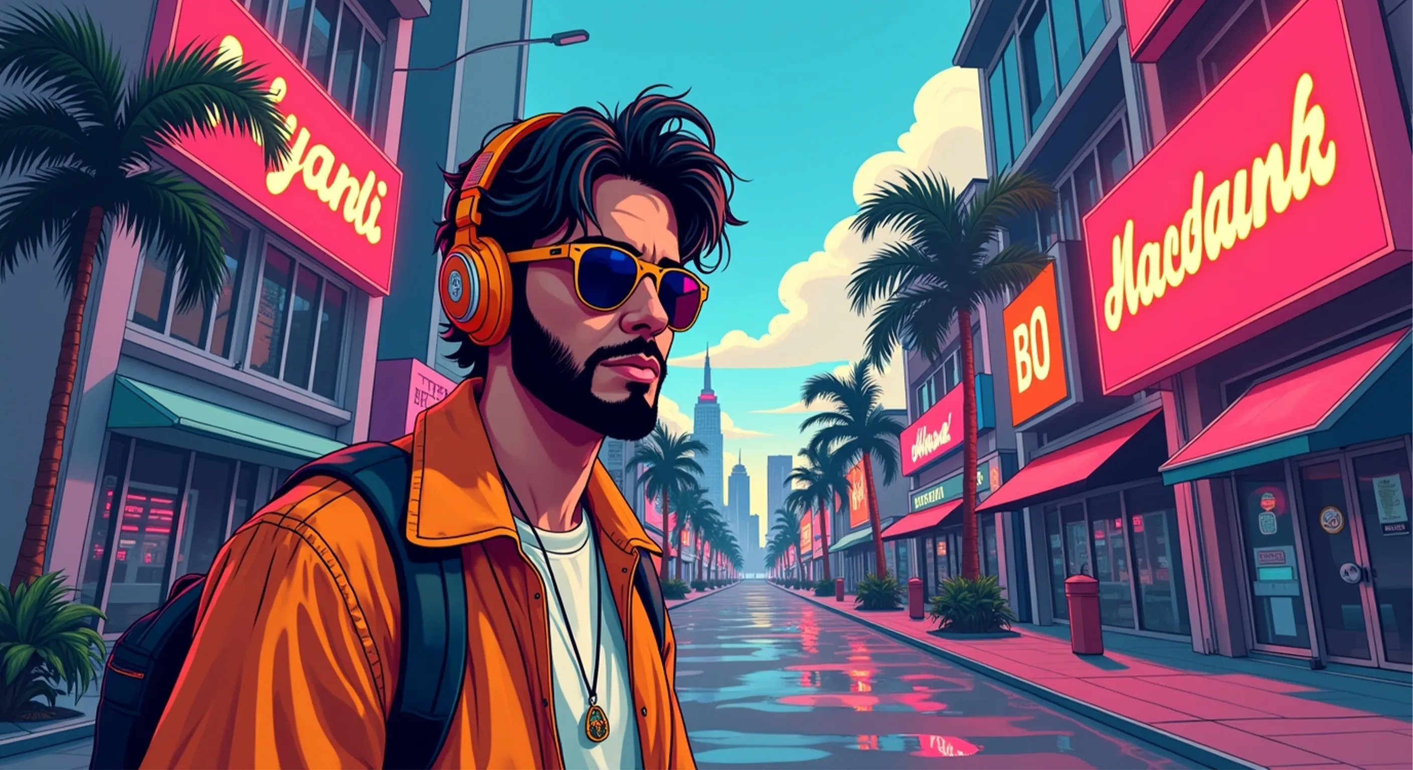 Junger Mann im Sonnenuntergang mit Retro-Stadtkulisse – stylisches Content-Hub-Headerbild