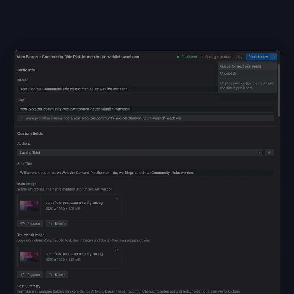 Bearbeitungsmaske eines Blogposts im CMS-Editor