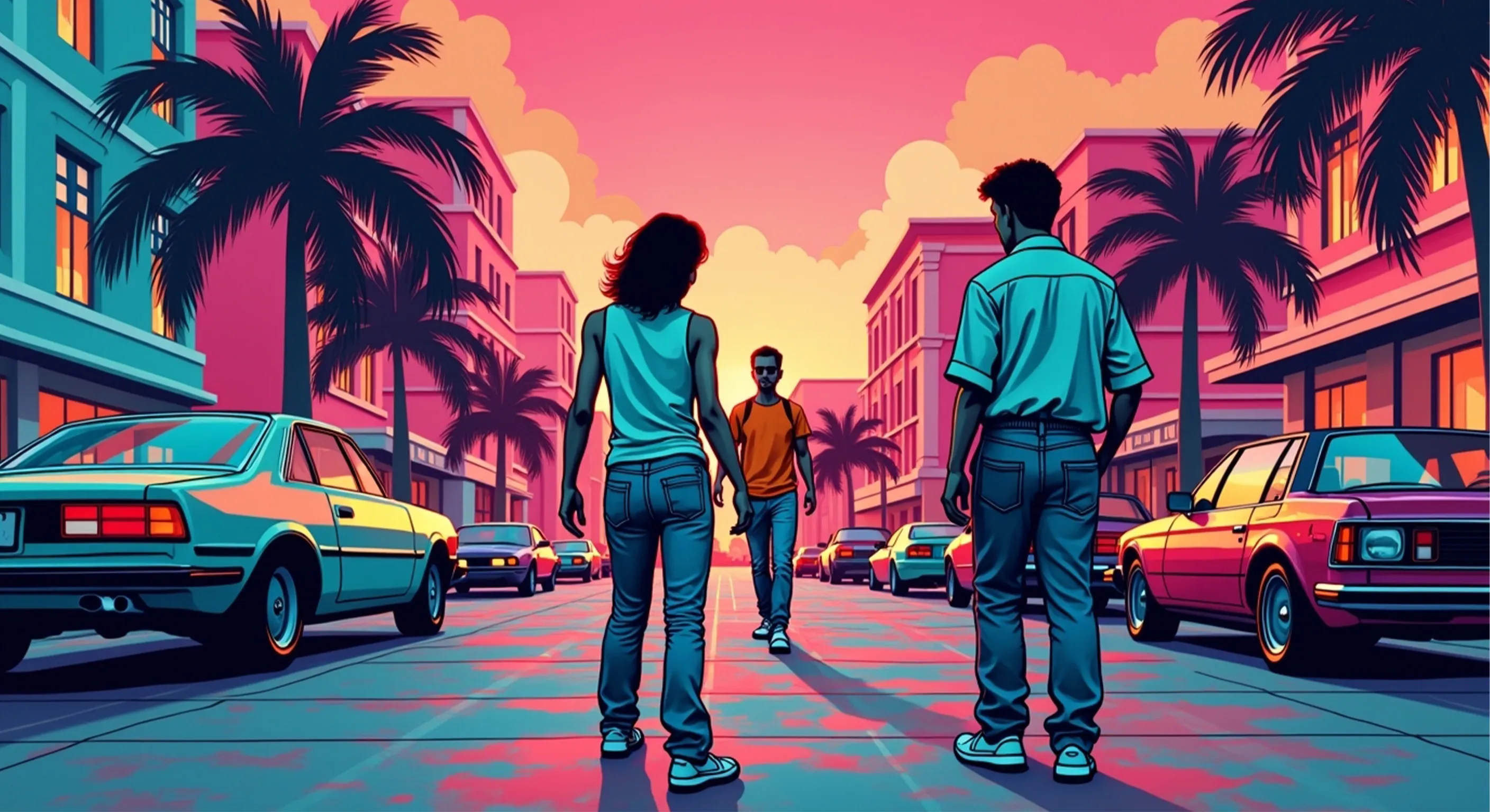 Comic-Stil Recruiter im Miami-Vibe Look mit Sonnenuntergang