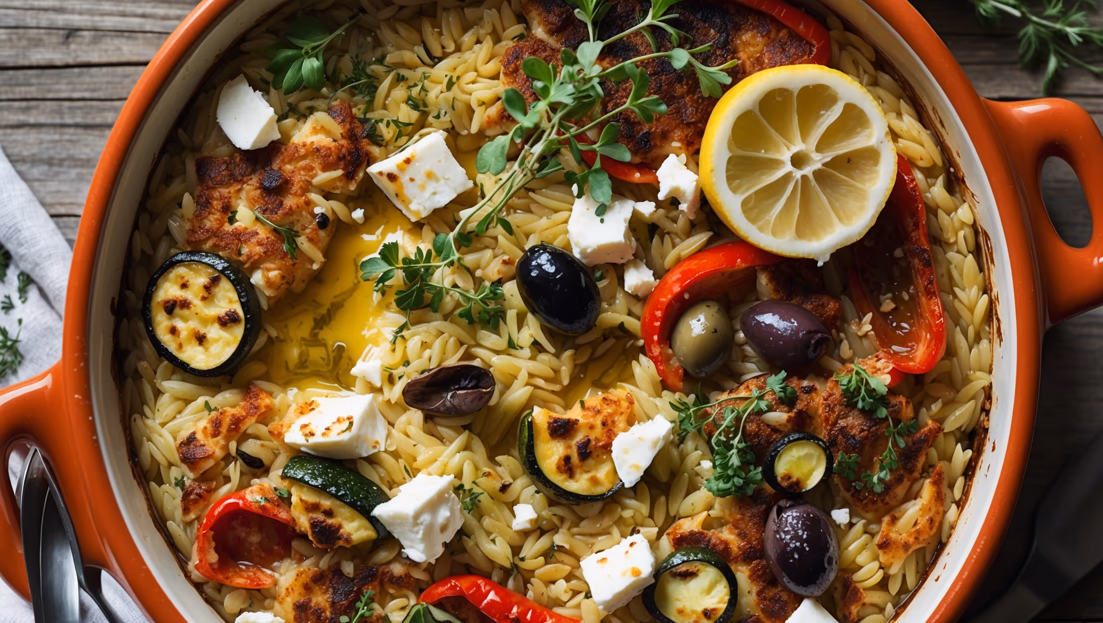 An overhead shot captures a terracotta baking dish filled with the golden-brown Baked Greek Orzo Casserole, just pulled from the oven. Natural window light highlights the contrasting textures - crispy, caramelized top layer against the creamy orzo beneath. Close-up details reveal vibrant specks of oregano, thyme and parsley alongside charred red bell peppers, zucchini, and olives. The melted feta creates pockets of creaminess throughout, while a drizzle of olive oil adds a glossy finish. The casserole sits atop a rustic wooden table, garnished with fresh lemon wedges, crumbled feta, and scattered herbs, with a fragrant steam rising that speaks to its Mediterranean origins.