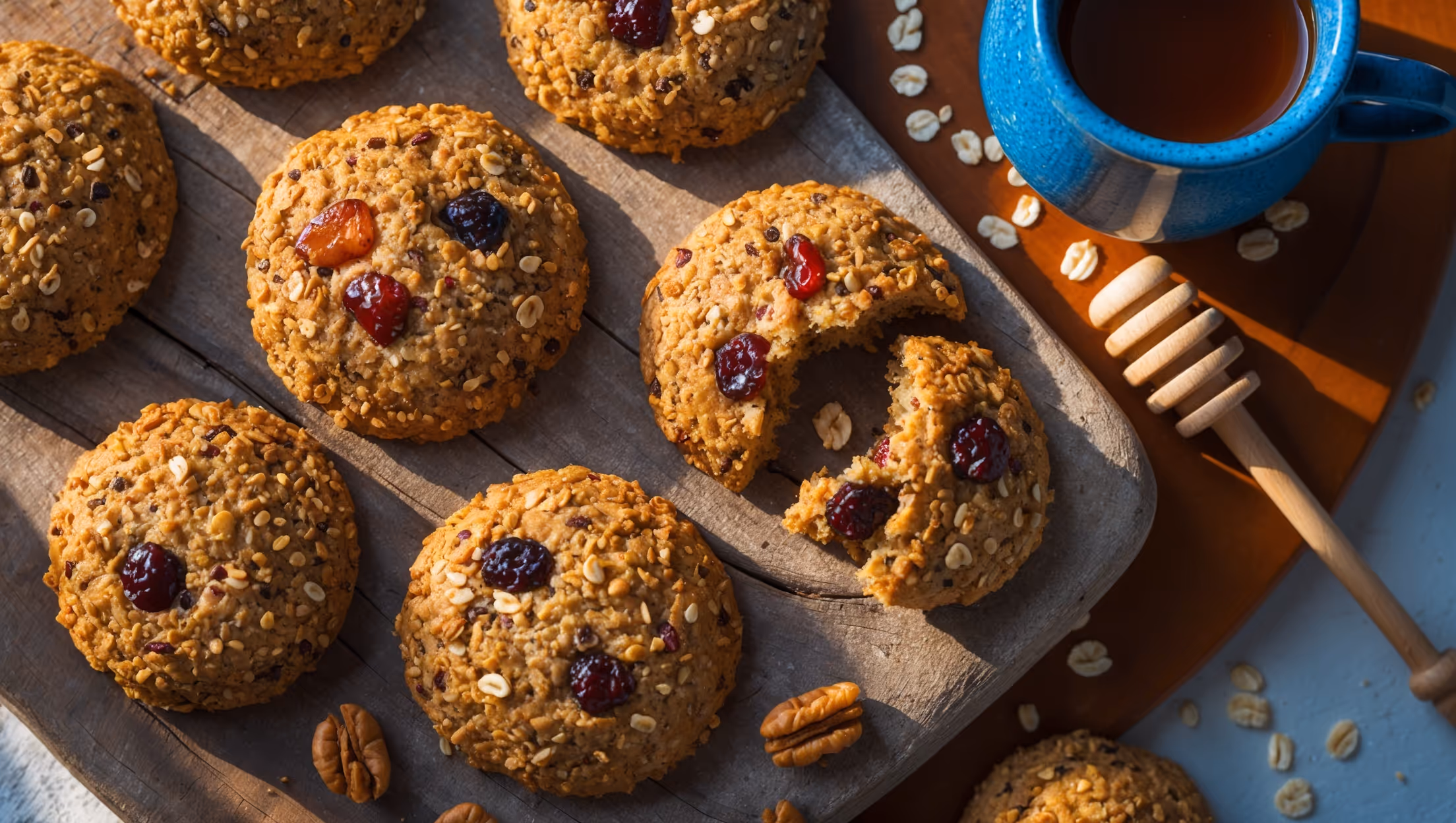 An overhead shot of golden-brown quinoa breakfast cookies arranged on a rustic wooden board, with several cookies showing their textured tops speckled with tricolor quinoa and chopped nuts. A bite taken out of one cookie reveals its chewy interior studded with dried fruit. The warm morning light creates subtle shadows that highlight the cookies' craggy edges and wholesome texture. A small jar of honey with a wooden dipper, scattered oats, and a blue ceramic mug of coffee complete the breakfast setting, suggesting these cookies are the perfect grab-and-go morning treat or accompaniment to a relaxed weekend breakfast.
