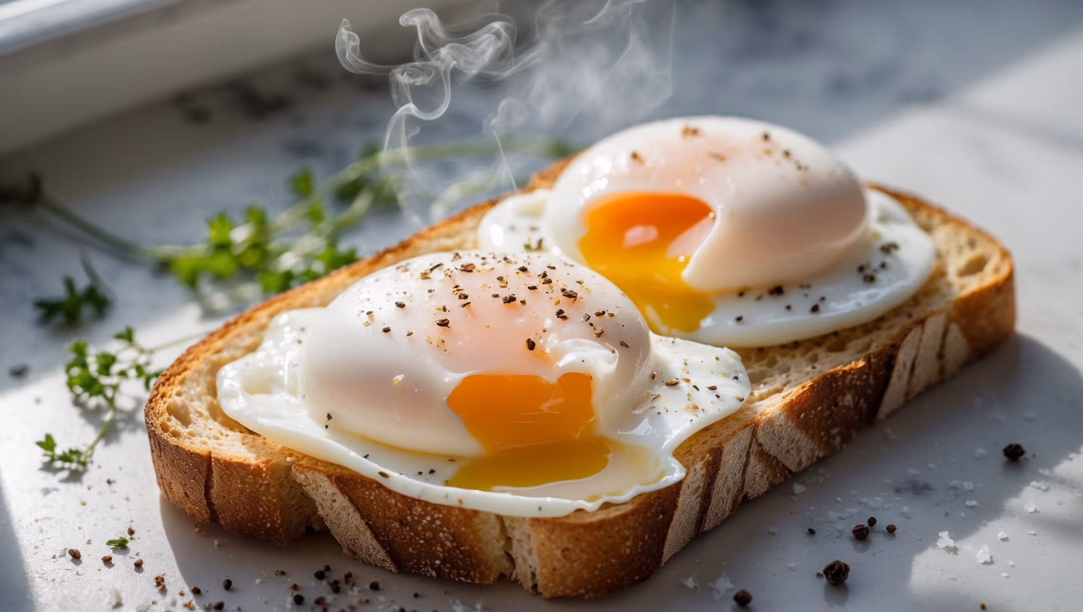 A close-up shot of two perfectly poached eggs resting on a slice of artisanal sourdough toast, the whites opaque and firm while the vibrant yellow yolks gleam with moisture, moments away from releasing their golden flow. Captured in soft morning light streaming through a kitchen window, the scene features a sprinkling of freshly cracked black pepper and delicate flakes of sea salt catching the light. The plate sits on a light marble countertop alongside a scattered handful of fresh herbs, with tendrils of steam still rising to indicate their just-cooked perfection.