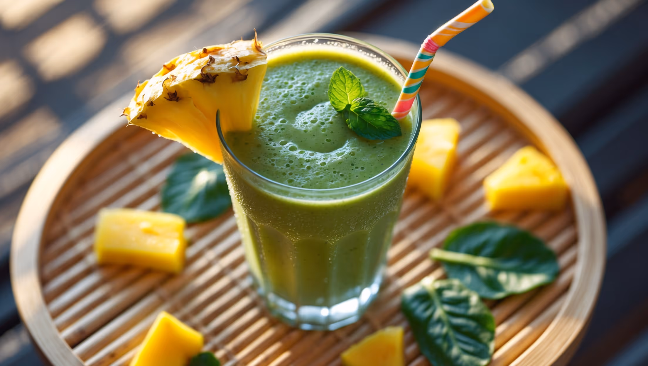 An overhead shot of a tall glass filled with a smooth, vibrant green smoothie, garnished with a pineapple wedge and mint sprig. The glass sits on a light bamboo tray alongside scattered pieces of fresh mango, pineapple, and spinach leaves. Golden morning light streams across the scene, highlighting the smoothie's silky texture and tiny air bubbles that suggest freshness. Condensation beads on the outside of the glass, emphasizing the chilled temperature, while a colorful paper straw stands at attention, inviting the first sip of this protein-packed tropical treat.