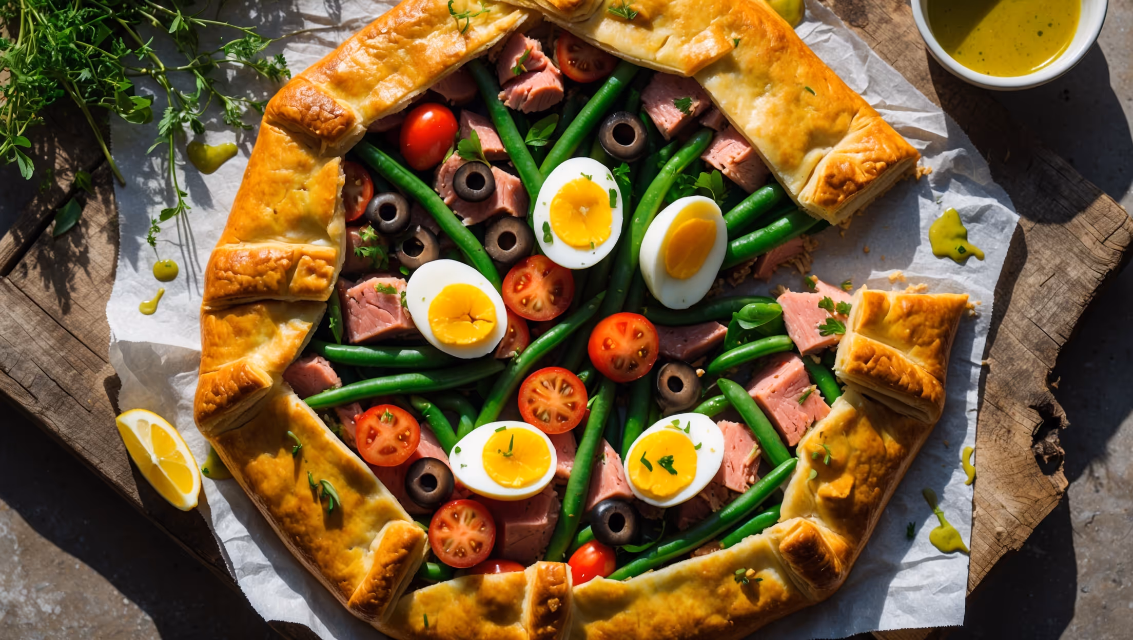 An overhead shot of a rustic Niçoise Salad Galette showcasing its golden, flaky crust with edges folded over colorful filling. The cross-section reveals perfectly-cooked tuna chunks, halved cherry tomatoes, vibrant green beans, and black olives nestled among slices of soft-boiled eggs. Natural light streams across the scene, highlighting the glossy finish from the mustard vinaigrette drizzled on top. The galette rests on a weathered wooden board garnished with scattered fresh herbs, lemon wedges, and a small bowl of extra dressing alongside, creating a casual Mediterranean alfresco dining atmosphere.