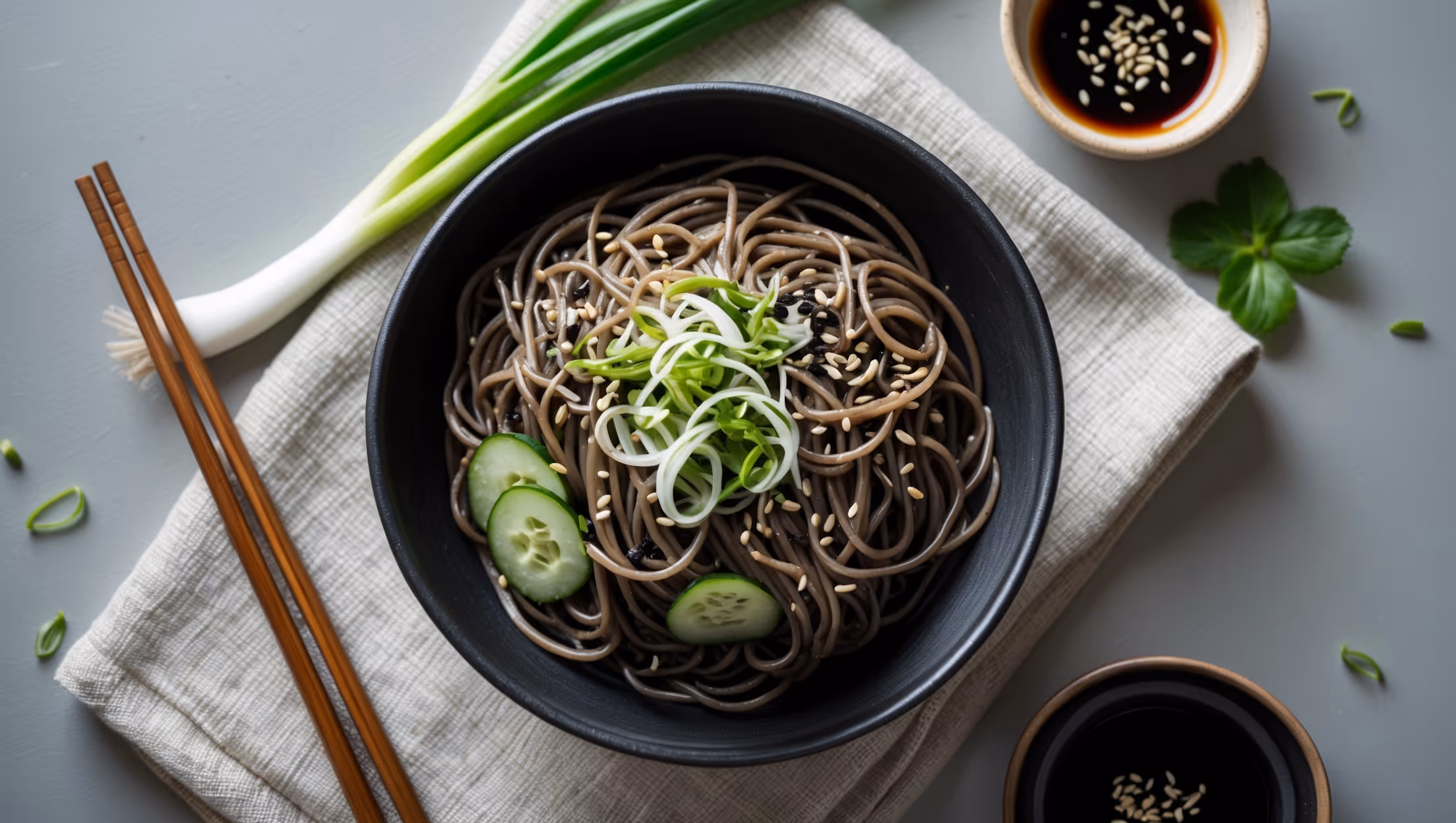 Overhead shot of chilled sesame soba noodles artfully arranged in a shallow matte black ceramic bowl, the dark buckwheat strands glistening with sesame dressing. Soft natural light highlights the varied textures—tender noodles coated in glossy sauce, scattered with white and black sesame seeds creating visual contrast. Thinly sliced spring onions, julienned cucumbers, and small edible flowers are strategically placed for pops of green and color. The bowl sits on a textured linen napkin with wooden chopsticks resting alongside, with a small dish of additional sesame sauce visible in the corner, creating a serene, Japanese-inspired composition.