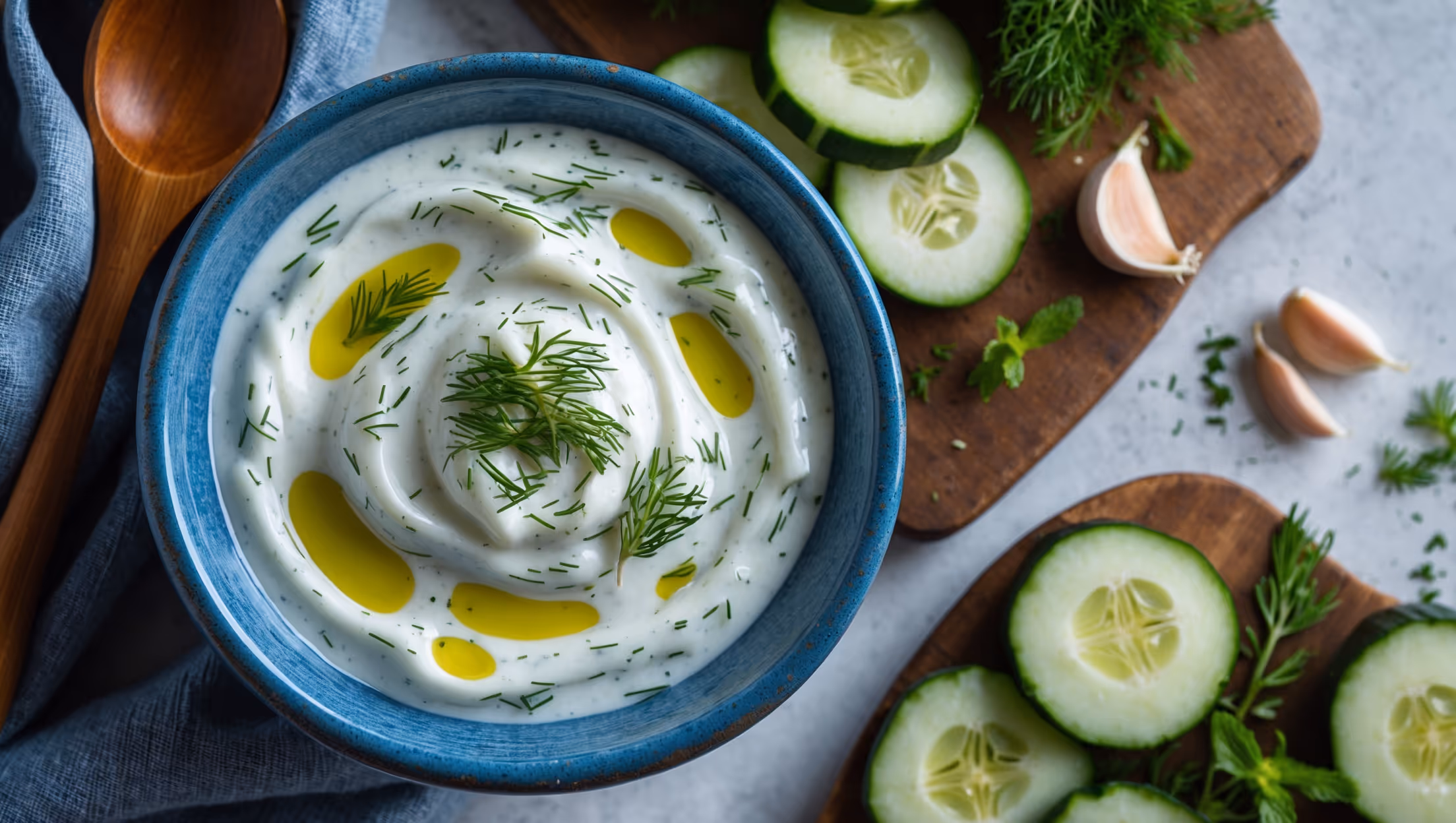 An overhead shot of thick, white Tzatziki sauce served in a shallow Mediterranean-inspired blue ceramic bowl, with delicate cucumber shreds visible throughout the creamy mixture. A drizzle of extra virgin olive oil creates golden pools on the surface, while scattered fresh dill and mint leaves provide vibrant green contrast. A wooden serving spoon rests against the side of the bowl, showing the sauce's perfect consistency—neither too runny nor too thick. In the background, sliced cucumber rounds, fresh herbs, and crushed garlic cloves are artfully arranged on a rustic wooden board, illuminated by soft natural light that highlights the sauce's silky texture.