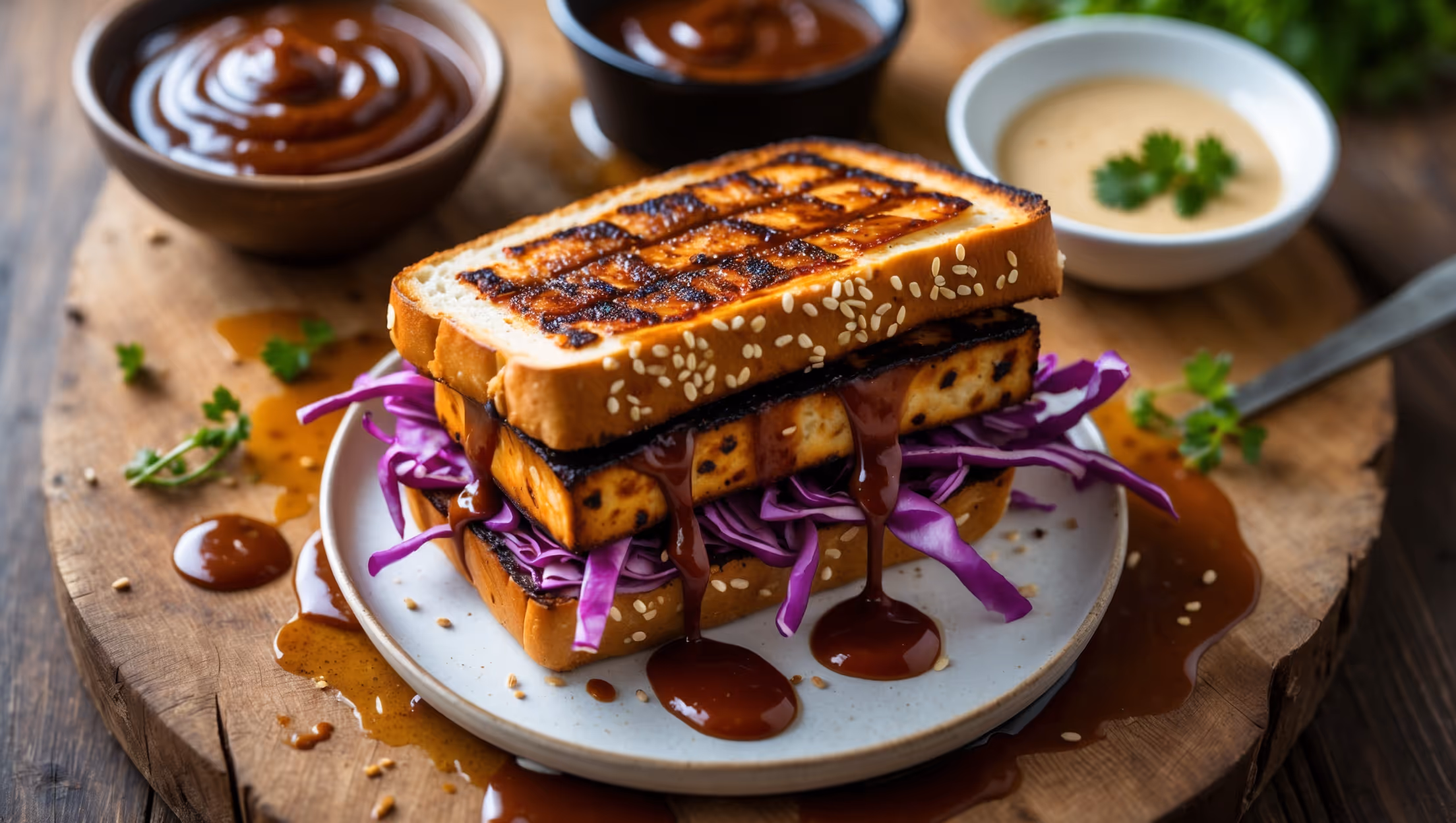 An overhead shot of a BBQ Tofu Sandwich cut in half to reveal colorful layers - golden-brown tofu with charred grill marks, vibrant purple cabbage slaw, and glossy BBQ sauce dripping onto the plate. The sandwich rests on a rustic wooden board in warm natural light, with scattered sesame seeds visible on the toasted homemade bun. In the background, small bowls of additional BBQ sauce and creamy slaw dressing create depth, while fresh herbs add a pop of green contrast against the rich, caramelized colors of the tofu and sauce.