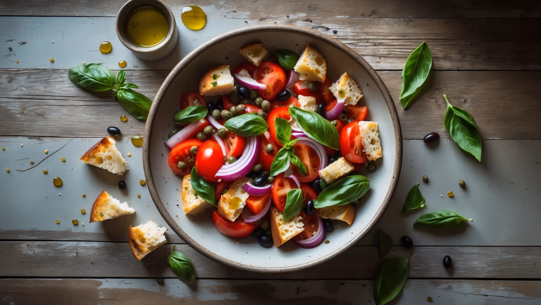 An overhead shot of a colorful Panzanella served in a wide, shallow ceramic bowl against a weathered wooden table, bathed in soft natural light. Chunks of golden-toasted bread glisten with olive oil, interspersed with vibrant red tomato wedges, purple-red onion slivers, and bright green basil leaves. Tiny droplets of olive oil and vinegar cling to the ingredients, while scattered capers and black olives provide dark contrast points. The composition shows the rustic simplicity of this Tuscan dish, with a small cruet of extra virgin olive oil and a scattered handful of torn basil leaves framing the scene.