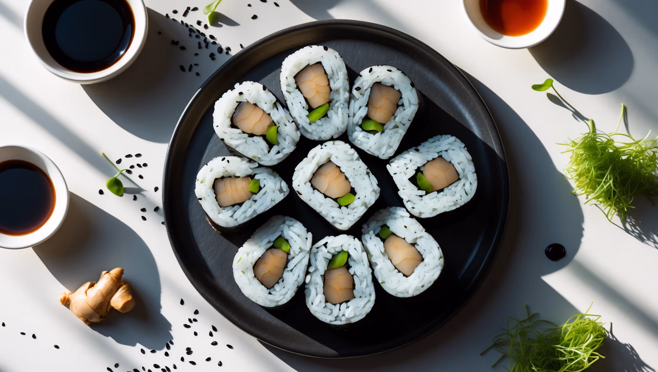 An overhead shot of perfectly sliced Shiitake Maki Sushi pieces arranged in an artistic spiral on a minimalist black ceramic plate. The cross-sections reveal layers of glossy sushi rice contrasting beautifully with the dark shiitake filling and forest-green nori wrapper. Soft natural light casts subtle shadows that highlight the varied textures - the slight sheen of the rice, the meaty texture of the shiitake mushrooms, and the delicate wrinkles of the nori. Small dishes of soy sauce, wasabi, and pickled ginger create color accents around the plate, while scattered black sesame seeds and microgreens add finishing touches that enhance the presentation's sophistication.