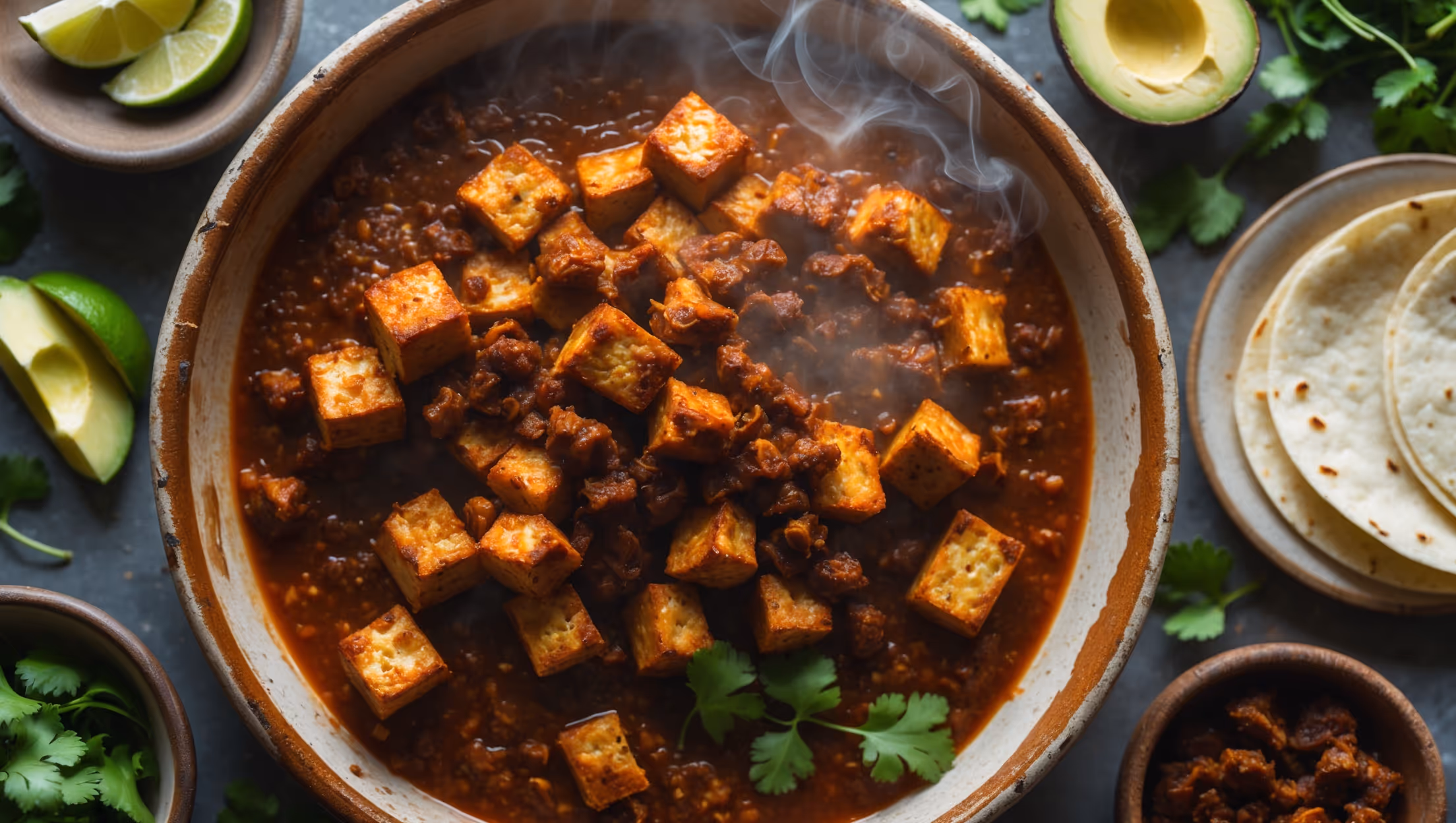 An overhead shot of golden-brown crumbled tofu sofritas glistening with rich sauce, captured in soft natural light that highlights the varying textures and vibrant red and orange hues from the chipotle peppers. A rustic ceramic dish contains the main serving, surrounded by fresh lime wedges, scattered cilantro leaves, and small bowls of accompaniments including sliced avocado and warm tortillas. Visible spices and tiny flecks of chipotle create texture contrast, while steam rises gently from the dish, suggesting its aromatic warmth and freshness.