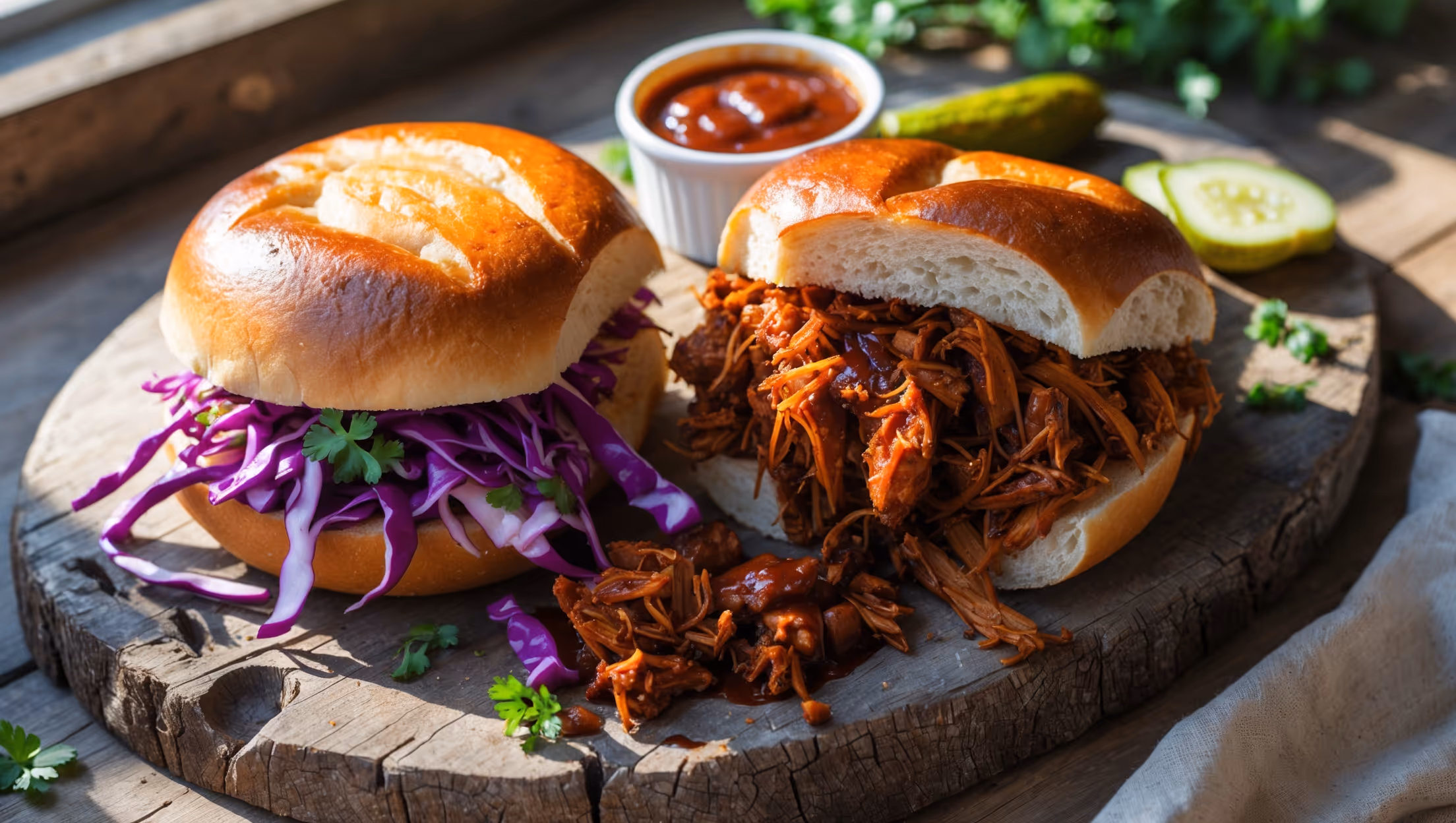 An overhead shot captures a rustic wooden serving board holding a BBQ jackfruit sandwich cut in half to showcase the vibrant filling. Soft, toasted brioche buns glisten with a light butter sheen, while the pulled jackfruit's rich mahogany color and shredded texture, glossy with BBQ sauce, spills slightly from between the buns. A purple-and-green cabbage slaw adds fresh contrast and crunch. In the background, a small ramekin of extra BBQ sauce sits alongside scattered fresh herbs and a pickle spear. Natural window light casts gentle shadows, highlighting the sandwich's hearty texture and the caramelized bits of jackfruit that mimic pulled pork.
