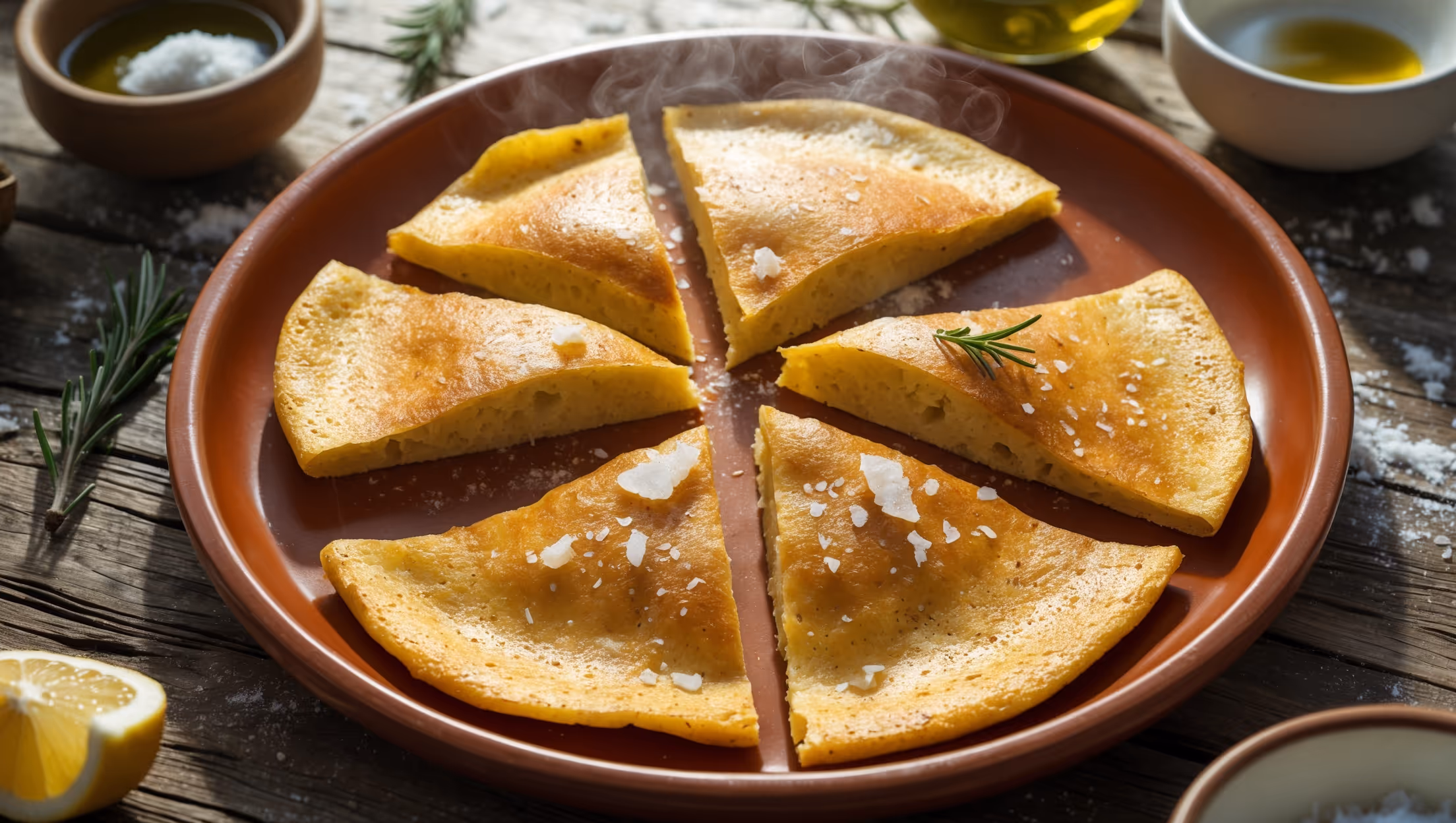 An overhead shot of golden-brown socca cut into rustic triangular wedges on a traditional terracotta plate, with visible crispy edges and a slightly soft center. The flatbread is captured in warm natural light streaming through a kitchen window, highlighting the speckled surface dotted with flaky sea salt and fresh rosemary. Background elements include small bowls of olive oil, scattered chickpea flour, and a wedge of lemon, all arranged on a weathered wooden table that evokes the Mediterranean coastline where this simple street food originates. Steam rises subtly from the freshly baked socca, suggesting its warmth and inviting aroma.