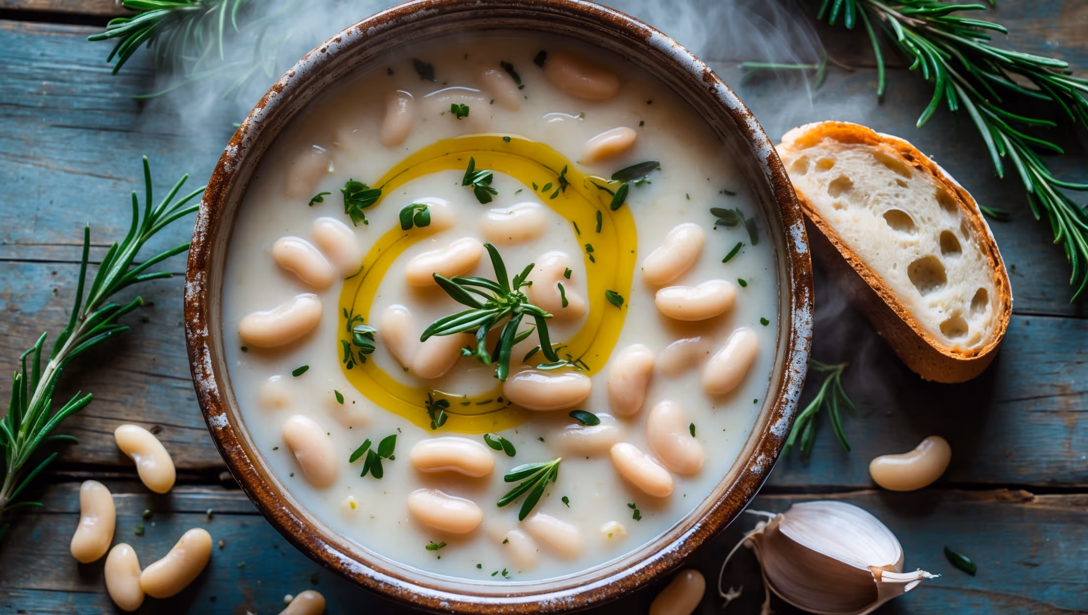 An overhead shot of a rustic ceramic bowl filled with creamy white bean soup, steam rising gently from its surface. The soup's silky texture shows flecks of fresh herbs and tender bean pieces, with a drizzle of olive oil creating a golden sheen across the top. Surrounding the bowl are scattered ingredients—fresh rosemary sprigs, sliced garlic, and a few whole cannellini beans—all arranged on a weathered wooden table. A slice of crusty sourdough bread rests against the bowl's edge, partially dipped into the soup. Soft natural light streams in from a nearby window, highlighting the soup's creamy white color contrasted with the green herbs and golden olive oil swirl.