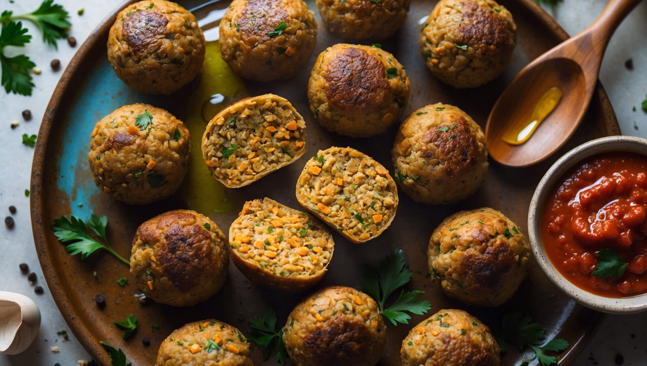 An overhead shot of golden-brown vegan meatballs arranged on a rustic ceramic platter, glistening with a light drizzle of olive oil. Several meatballs are cut in half, revealing their textured interior with visible specks of herbs and lentils. In soft natural light, the rich umami tones contrast beautifully with vibrant specks of green parsley and red marinara sauce in a small dipping bowl. A wooden serving spoon rests alongside, with scattered fresh herbs and cracked black pepper adding dimension to the composition. Steam rises subtly from the freshly baked meatballs, emphasizing their warmth and inviting aroma.