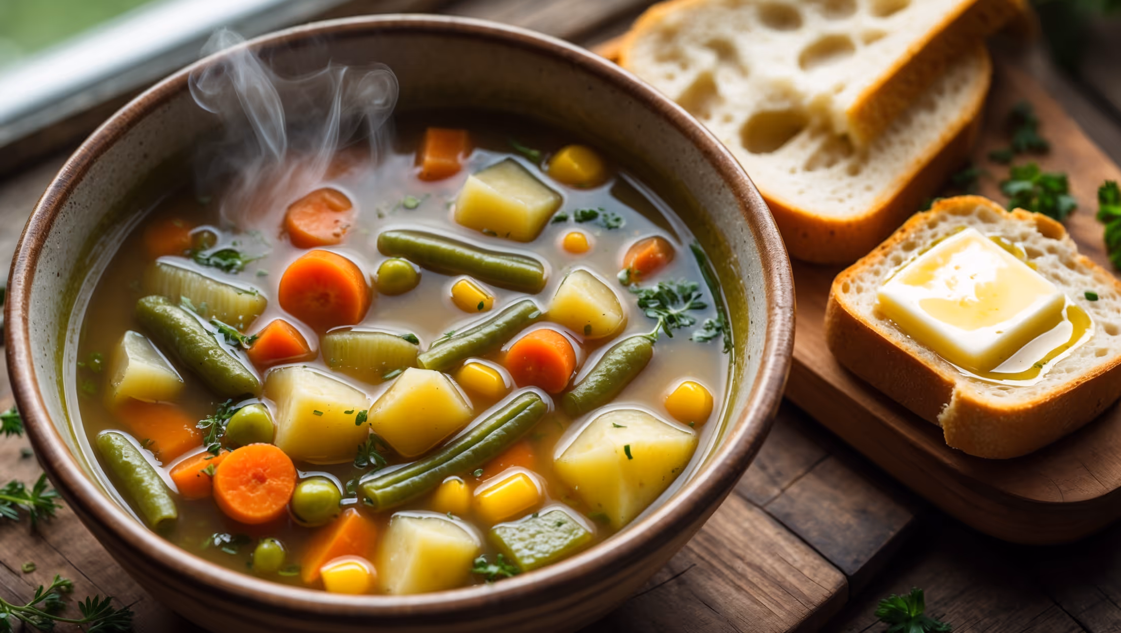 An overhead shot of a rustic ceramic bowl filled with vibrant vegetable soup, steam gently rising from the surface. The broth is clear yet richly colored, punctuated with perfectly diced carrots, celery, and onions alongside hearty chunks of potato, tender green beans, and sweet corn kernels. A slice of freshly baked bread rests on a wooden board beside the bowl, with a pat of butter slowly melting on its warm surface. Scattered fresh herbs and a drizzle of olive oil create appealing highlights on the soup's surface in soft natural light streaming through a nearby window, highlighting the soup's homemade quality and wholesome ingredients.