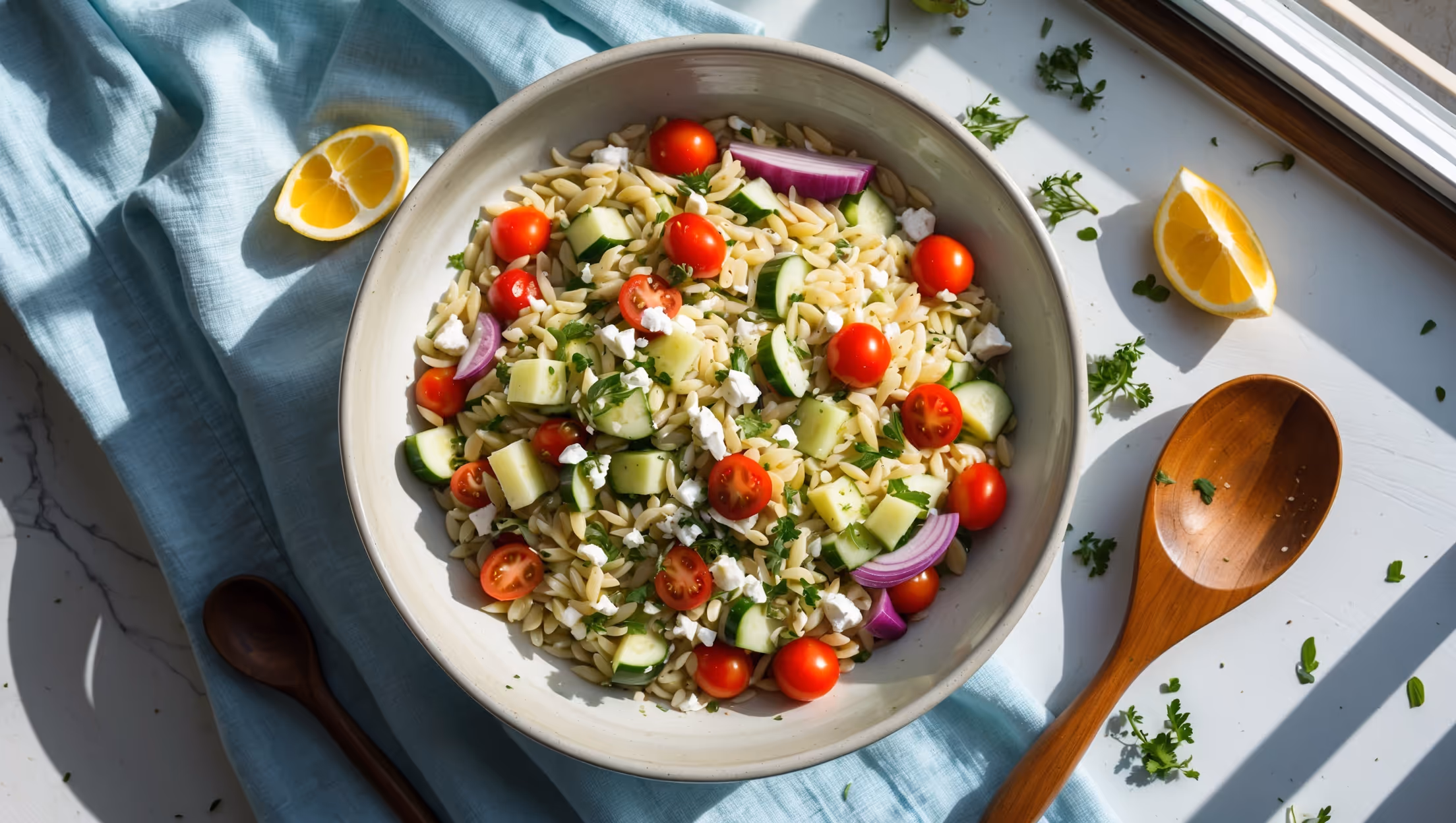 An overhead shot of a colorful orzo salad served in a large white ceramic bowl, capturing the contrast between the pearly pasta and the vibrant red cherry tomatoes, cucumber chunks, and purple red onion slices. Crumbled feta cheese adds white pops throughout, while specks of green from chopped fresh herbs bring brightness. The salad glistens with olive oil dressing in natural sunlight streaming through a window, highlighting the fresh ingredients. A wooden serving spoon rests alongside the bowl on a light blue linen tablecloth, with scattered fresh herbs and lemon wedges completing the Mediterranean-inspired composition.