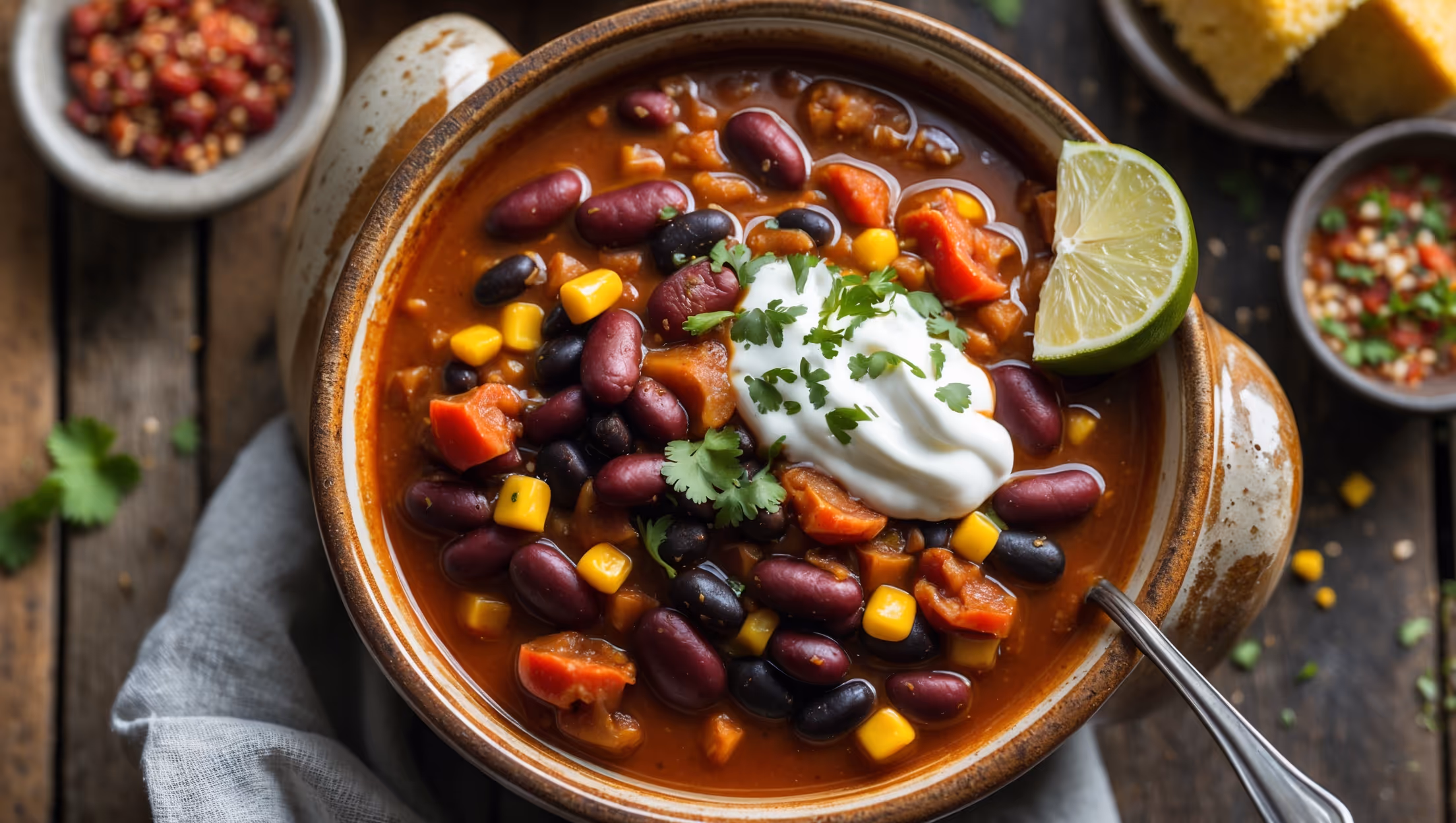 An overhead shot of a rustic ceramic bowl filled with thick, steaming vegetarian chili, showcasing the vibrant colors of red kidney beans, black beans, yellow corn, and chunks of fire-roasted tomatoes. The rich, glossy sauce catches the soft natural light, highlighting the varied textures and deep red hue. A swirl of sour cream melts slightly on top, alongside a sprinkle of fresh chopped cilantro and a wedge of lime perched on the bowl's rim. The chili is served on a weathered wooden table with small bowls of additional toppings, cornbread, and scattered spices creating a warm, inviting composition that emphasizes the chili's homemade appeal and robust flavor profile.