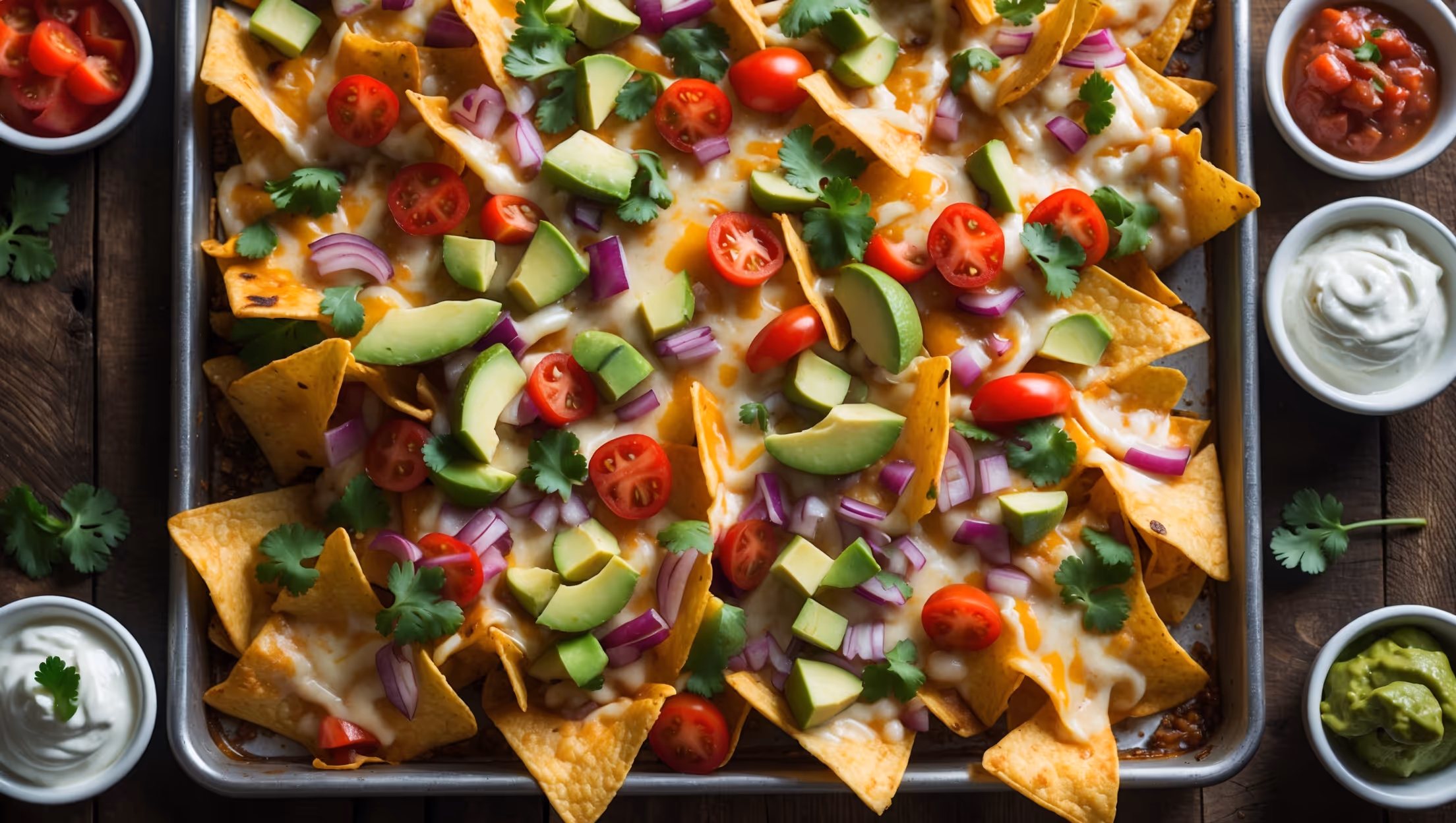 An overhead shot of a generously loaded sheet pan of nachos straight from the oven, with multi-colored tortilla chips peeking through blankets of melted cheese that stretches in tempting strings when pulled. Vibrant red tomatoes, bright green avocado chunks, and the deep purple of red onions create a colorful mosaic across the surface. The nachos glisten slightly under soft natural light streaming through a kitchen window, highlighting the contrast between the crispy edges of the chips and the moist toppings. Small ramekins of sour cream, guacamole, and salsa sit alongside the sheet pan on a rustic wooden table, with scattered fresh cilantro leaves and lime wedges adding finishing touches to this festive, communal dish.