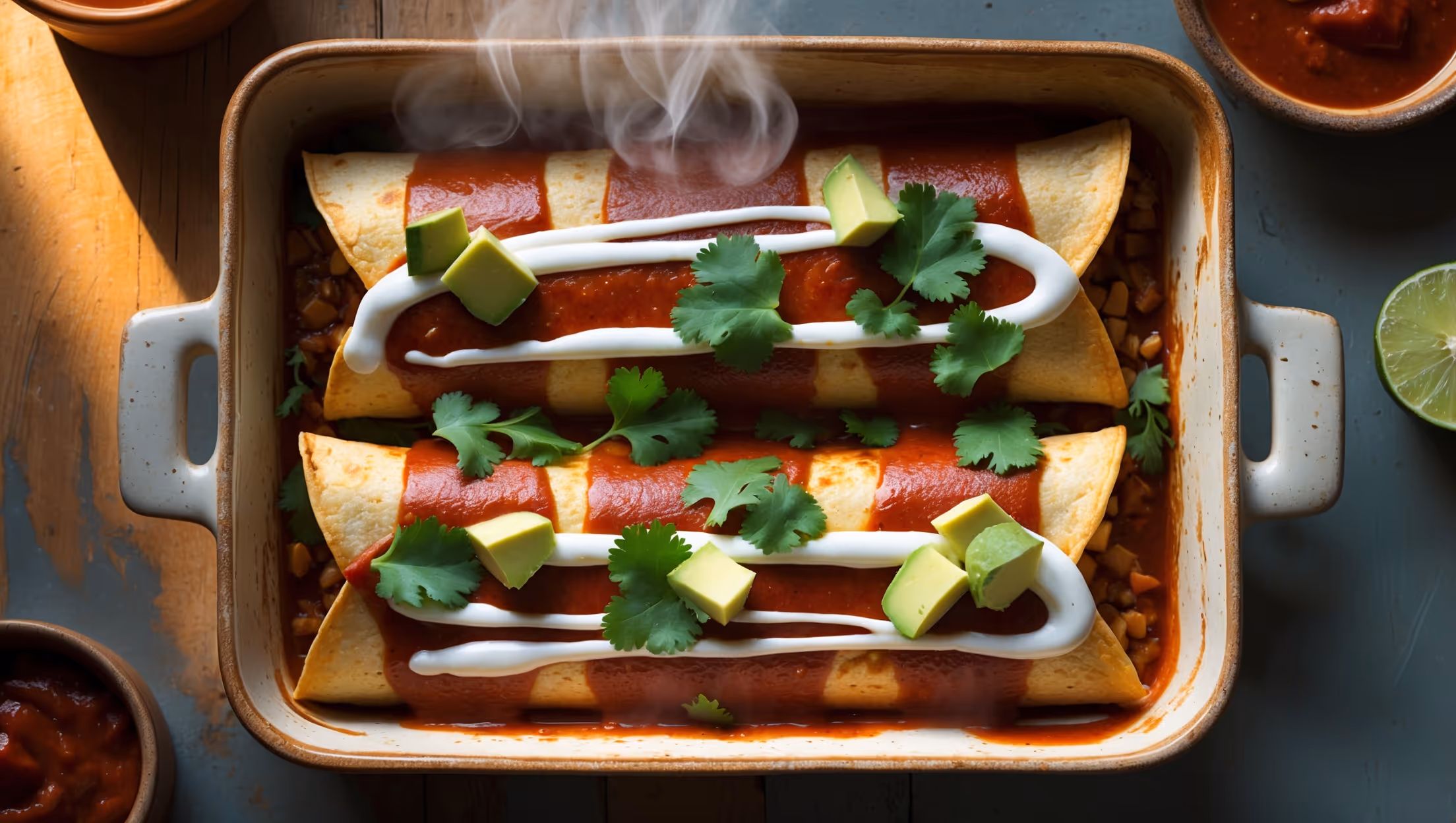 An overhead shot of a rectangular ceramic baking dish holding six golden-edged vegan enchiladas, their corn tortillas slightly crisped at the edges and glistening with vibrant red enchilada sauce. A generous drizzle of cashew crema creates artistic white lines across the top, contrasting beautifully with the scattered bright green cilantro leaves and diced avocado. The enchiladas rest on a textured wooden table under warm, directional lighting that highlights the steam rising from the freshly baked dish. To the side, a small bowl of additional enchilada sauce and a halved lime add context and complementary colors to the rustic Mexican-inspired presentation.