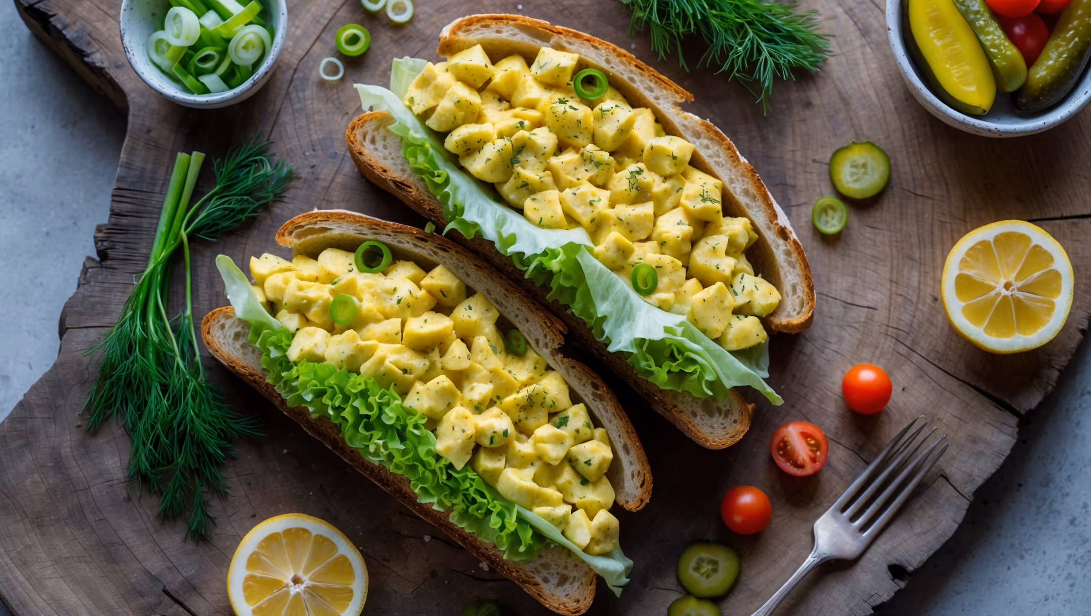 An overhead shot of a rustic wooden board featuring this vegan egg salad piled high on artisanal sourdough bread with crisp lettuce peeking out. A cross-section view reveals the creamy, yellow-tinged mixture with visible flecks of turmeric, black pepper, and fresh herbs. In soft natural light, the texture appears remarkably similar to traditional egg salad, with small curds of crumbled tofu mimicking egg whites. Scattered around the sandwich are sprigs of fresh dill, sliced green onions, a halved lemon, and a small bowl of additional salad. A vintage fork rests alongside, with jarred pickles and cherry tomatoes adding vibrant color contrast to the composition.