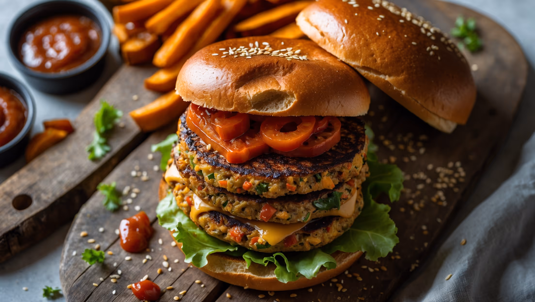 An overhead shot of a towering veggie burger on a rustic wooden board, showcasing the golden-brown patty with visible vegetable flecks nestled between toasted brioche buns. The cross-section reveals layers of vibrant vegetables and melted cheese against the textured patty. Soft natural light highlights the glistening condiments and crisp lettuce, while scattered sweet potato fries and small ramekins of homemade sauces create an inviting composition. A sprinkling of sesame seeds on the bun catches the light, emphasizing the burger's artisanal quality and wholesome ingredients.