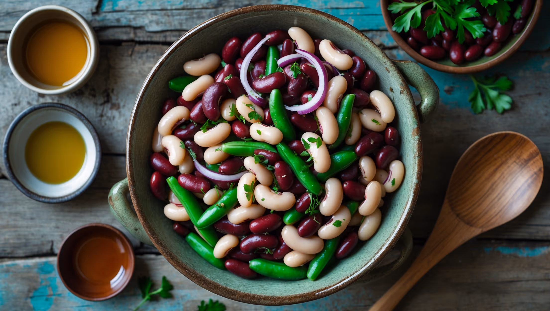 An overhead shot of a rustic ceramic bowl filled with the three-bean salad, where the distinct colors of deep red kidney beans, creamy white cannellini beans, and bright green beans create beautiful contrast. Thin rings of red onion and flecks of fresh parsley add visual interest across the glistening surface. The vinaigrette creates a subtle sheen under soft natural light, highlighting the beans' varied textures. The salad sits on a weathered wooden table with small bowls of ingredients nearby—apple cider vinegar, olive oil, and honey—suggesting the simple preparation. A wooden serving spoon rests alongside, ready to portion this colorful, protein-rich side dish.