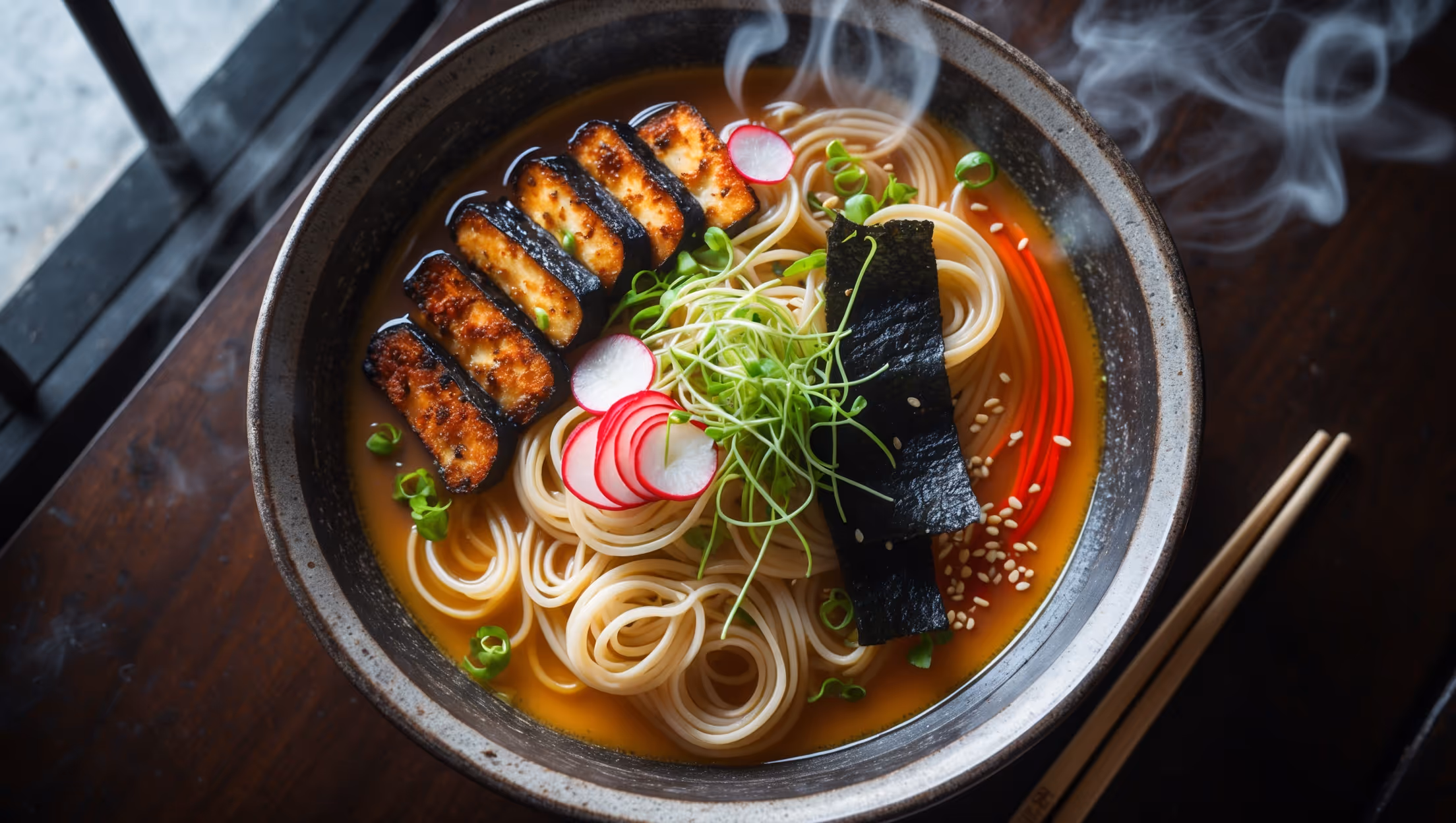 An overhead shot of a steaming ramen bowl on a dark wooden table, showcasing handmade noodles swimming in a glossy amber-colored vegan broth. The noodles have a perfect springy texture and are arranged in a loose spiral. Colorful toppings are artfully arranged atop the noodles: slices of crispy pan-fried tofu with caramelized edges, vibrant green scallions, thinly sliced red radishes, and crispy nori strips. A drizzle of chili oil creates striking crimson swirls across the surface while sesame seeds and microgreens add texture and dimension. Chopsticks rest on the side of the rustic ceramic bowl, and soft natural window light highlights the steam rising in delicate wisps, enhancing the inviting nature of this comforting dish.
