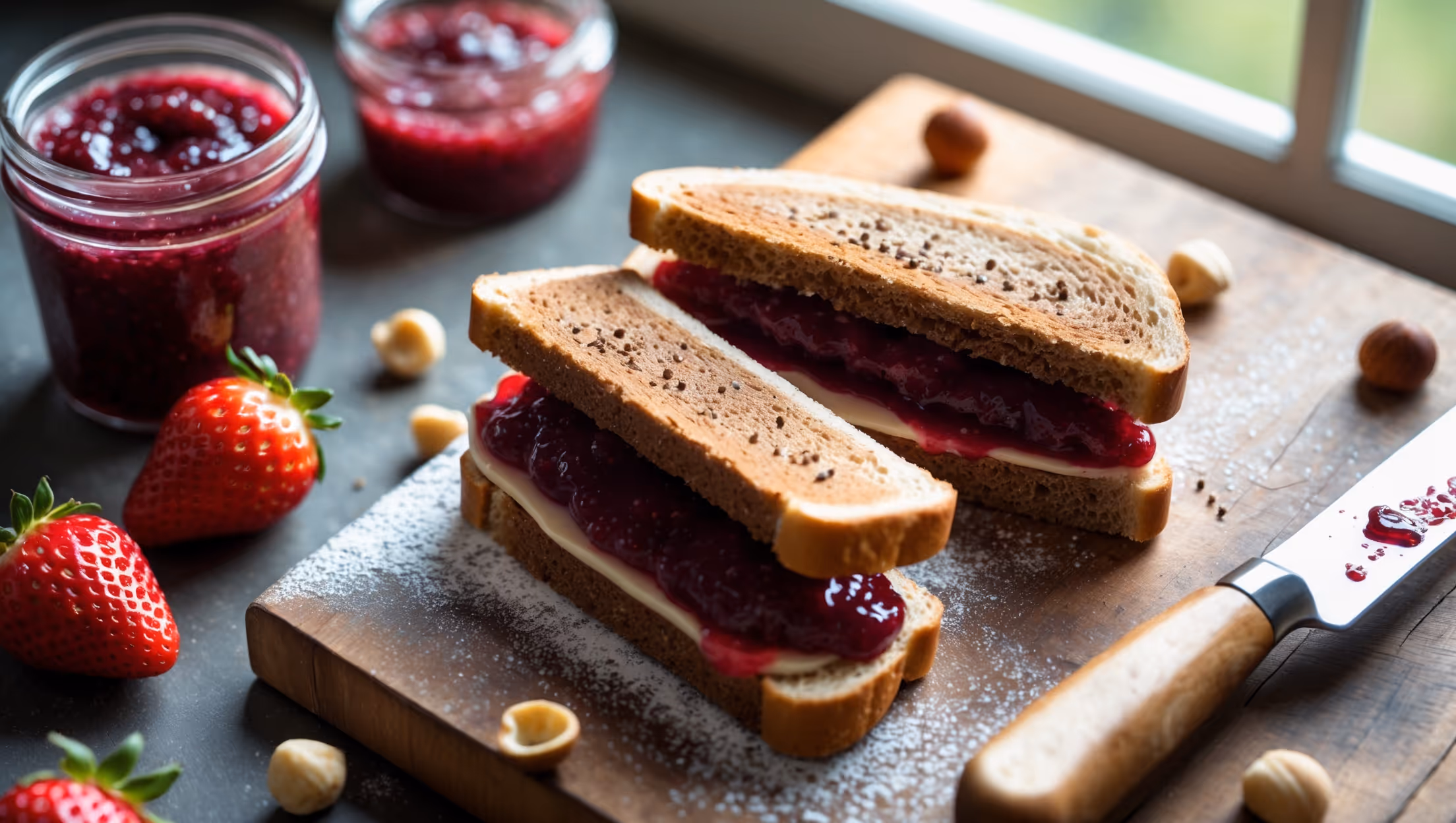 An overhead shot of a perfectly assembled hazelnut butter and strawberry chia jam sandwich, cut diagonally to reveal the vibrant purple-red jam contrasting beautifully with the creamy brown hazelnut butter. Soft natural light streams through a kitchen window, highlighting the glossy texture of the jam and the tiny chia seeds suspended within it. The sandwich sits on a rustic wooden cutting board beside scattered fresh strawberries and hazelnuts, with a small jar of homemade jam and a knife with traces of hazelnut butter nearby. A light dusting of powdered sugar on the plate adds a touch of elegance to this elevated childhood classic.