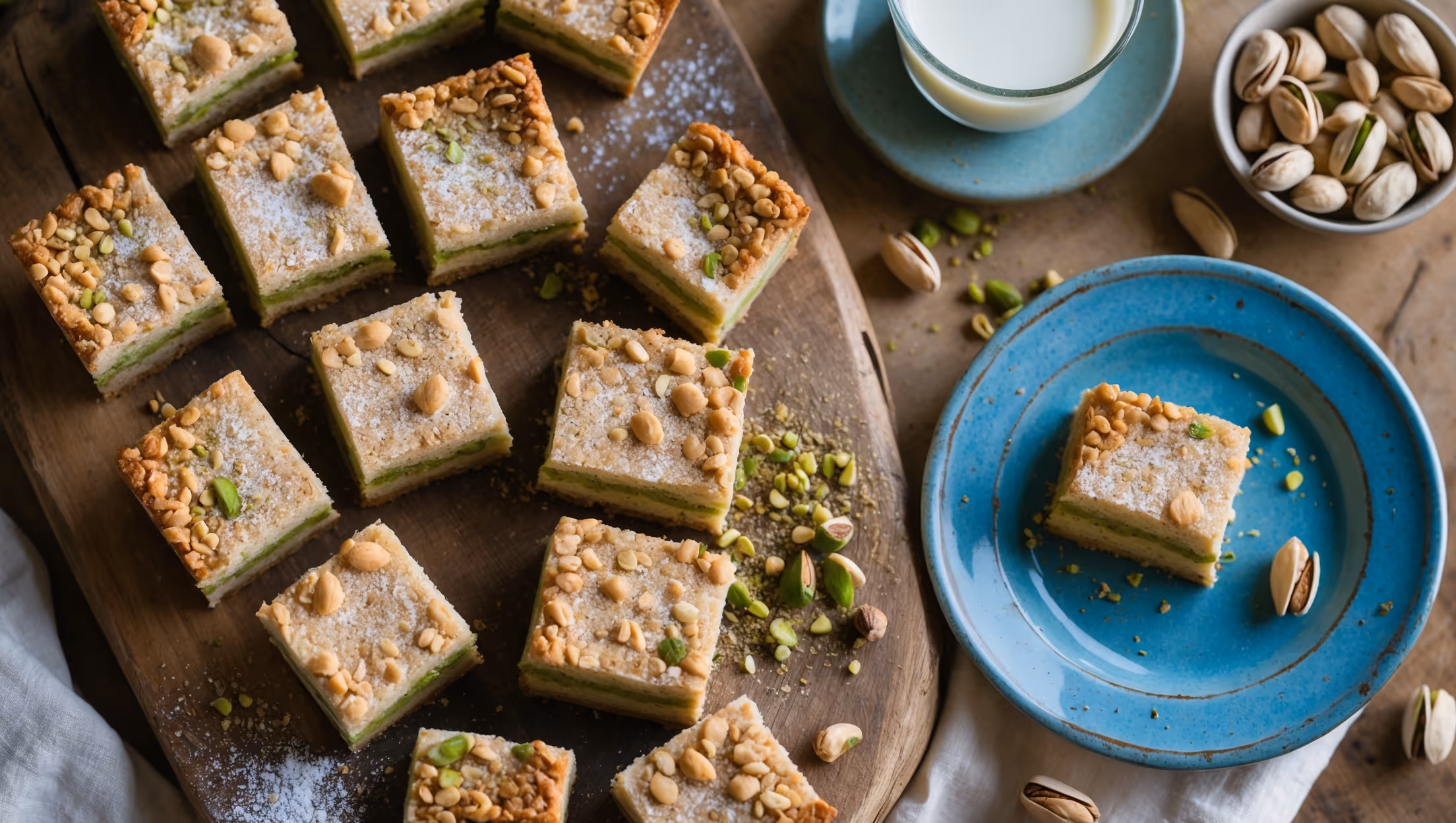 An overhead shot of neatly cut pistachio oat squares arranged on a rustic wooden serving board, with a few pieces slightly offset to show their distinct layers. Soft natural light highlights the golden-brown oat crust, vibrant green pistachio filling, and crumbly streusel topping. A scattering of crushed pistachios and a light dusting of powdered sugar add visual interest around the squares. A vintage blue ceramic plate holds a single square with a bite taken out, revealing the chewy interior against the crisp exterior. Nearby, a small glass of milk and a bowl of whole pistachios complete the warm, inviting composition.