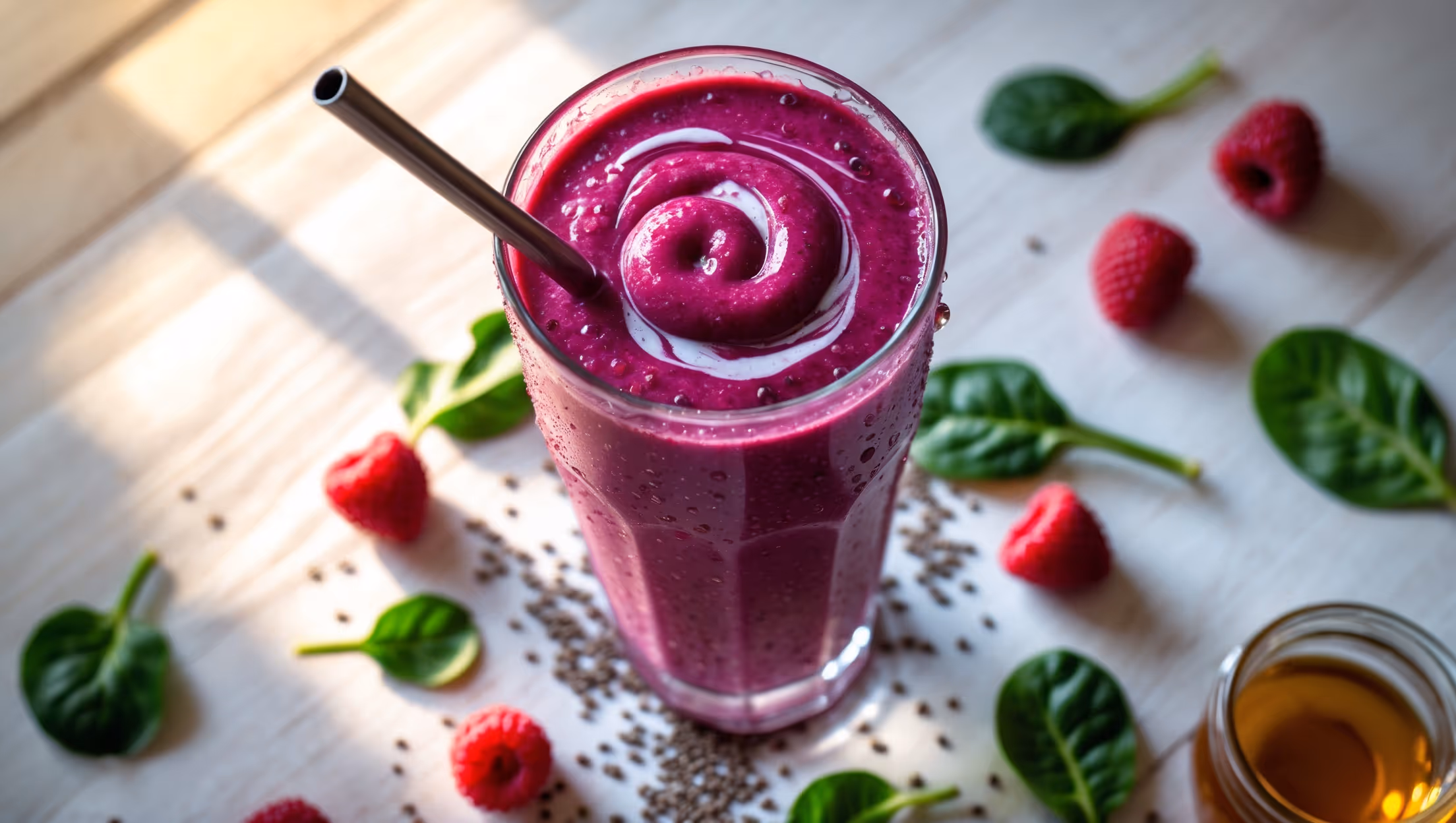 An overhead shot of a tall, clear glass filled with a rich magenta smoothie swirled with vibrant green streaks, creating a beautiful marble effect. The glass sits on a light wooden surface bathed in soft morning light, with fresh raspberries and spinach leaves artfully scattered around the base. Droplets of condensation on the glass highlight the smoothie's refreshing chill, while a metal straw tilts from the glass, inviting immediate enjoyment. A small bowl of chia seeds and a jar of honey are positioned nearby, suggesting the wholesome ingredients within this nutritious blend.