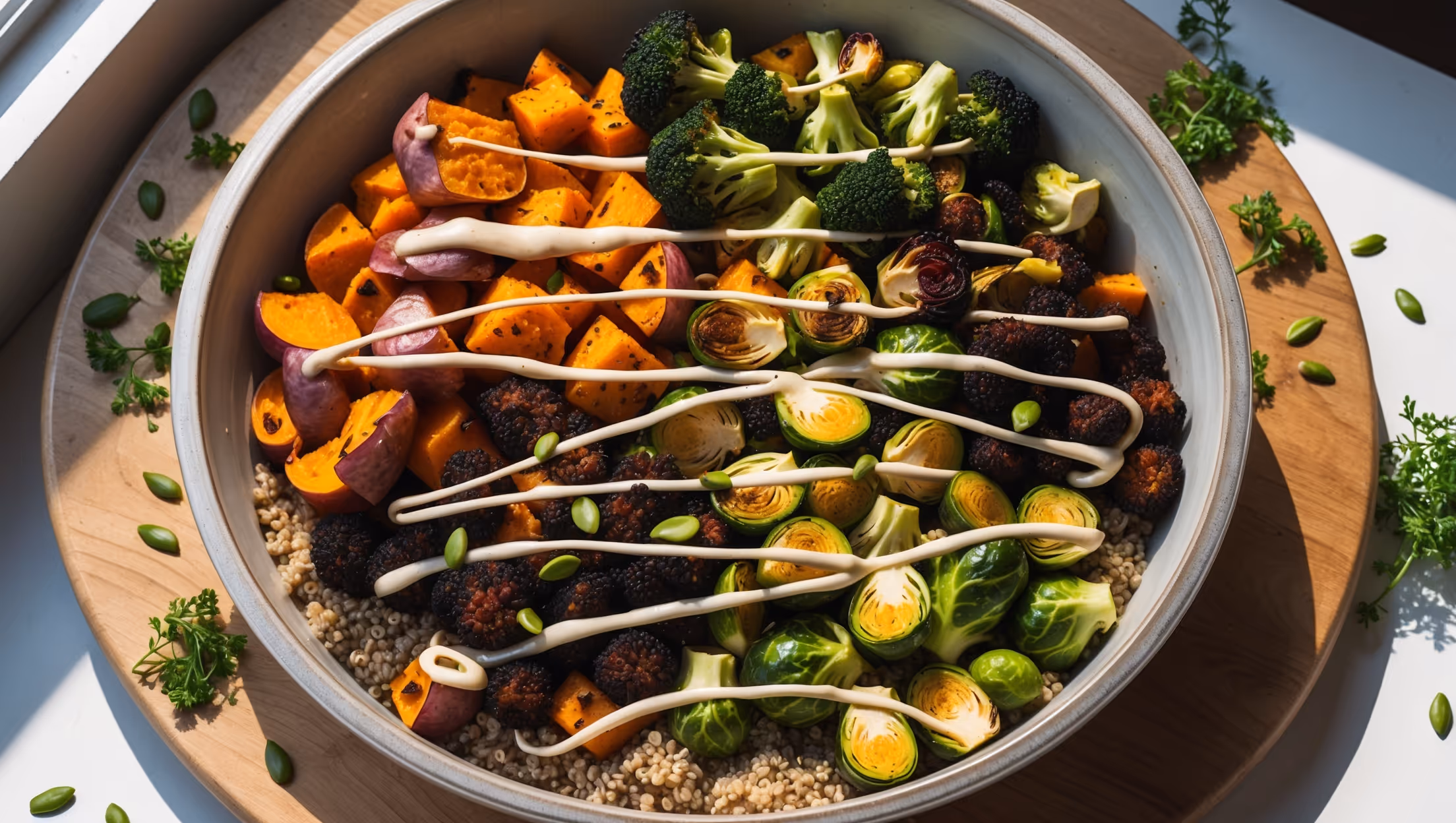 An overhead shot of a wide, shallow ceramic bowl filled with a colorful array of roasted vegetables arranged in organized sections atop a bed of quinoa. The natural light streams in from a side window, highlighting the glistening roasted sweet potatoes, charred broccoli florets, and caramelized Brussels sprouts. A drizzle of tahini sauce creates artistic white lines across the rainbow of vegetables, with scattered toasted pumpkin seeds adding texture. A wooden serving board underneath the bowl contrasts with the vibrant colors, while scattered fresh herbs provide pops of green around the composition. The cross-section view reveals perfectly cooked quinoa grains and the varied textures of the vegetables.