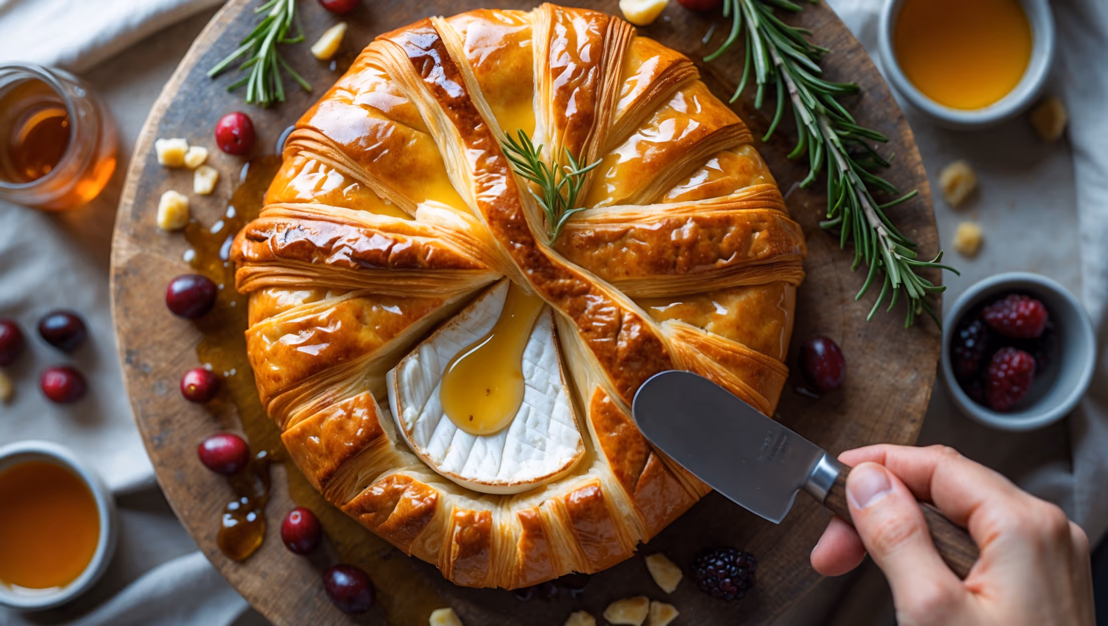 An overhead shot of a perfectly golden-brown baked Brie emerging from the oven, its puff pastry crust glistening with an egg wash sheen in warm, natural light. A cross-section view reveals the molten cheese center slowly oozing onto a rustic wooden serving board, garnished with fresh rosemary sprigs and scattered cranberries. The contrast between the crisp, layered exterior and creamy interior is highlighted by soft window lighting, while small dishes of honey, fig jam, and scattered nuts surround the centerpiece. A hand enters the frame holding a cheese knife poised to take another slice from the pastry-wrapped treasure.
