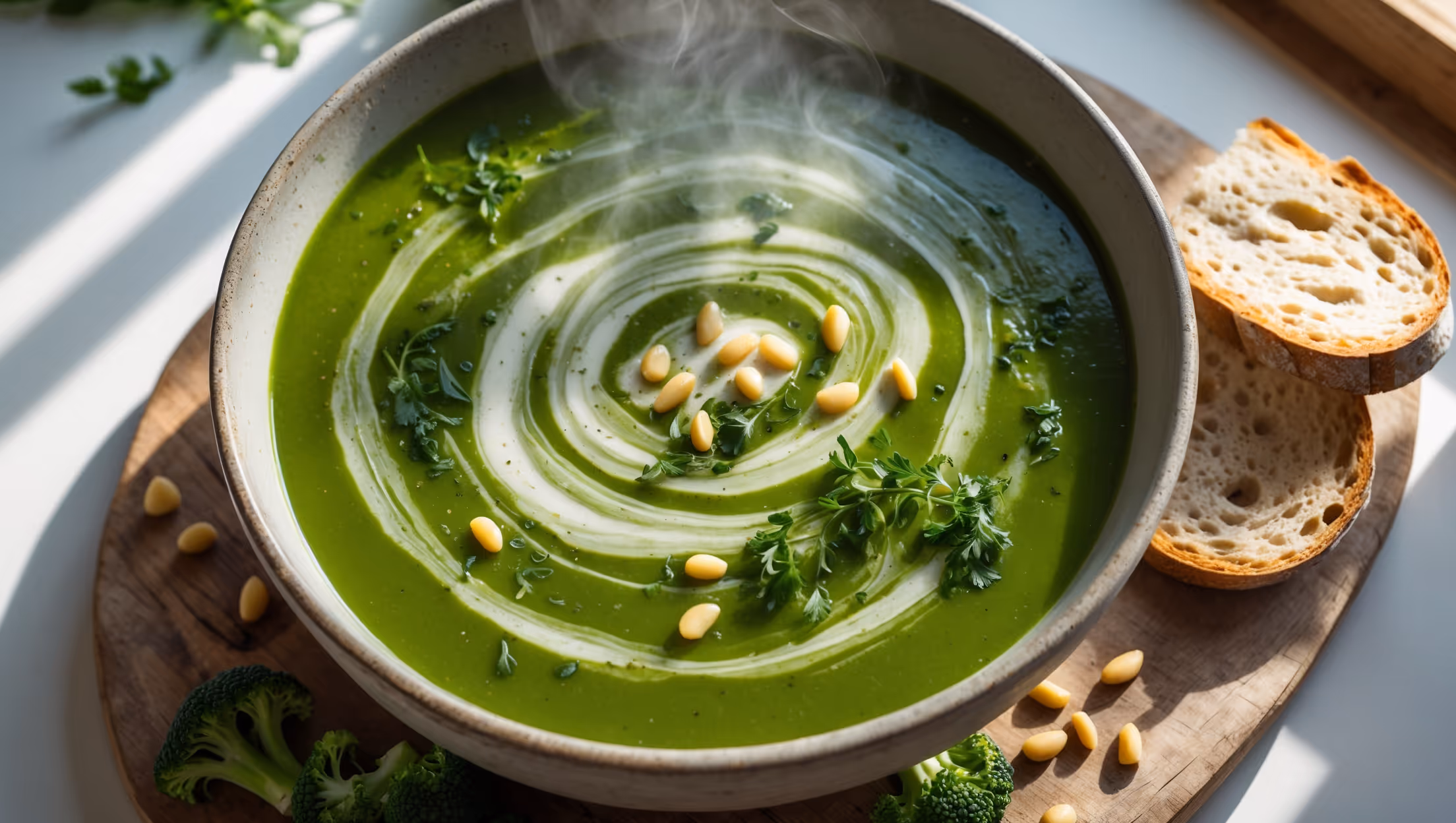 An overhead shot of a deep bowl filled with vibrant emerald-green soup, its surface swirled with coconut cream creating a marble effect. Steam rises gently from the soup, captured in soft natural daylight streaming through a kitchen window. A rustic wooden board holds the bowl, scattered with toasted pine nuts, fresh herbs, and a few raw broccoli florets for context. Beside the bowl sits a slice of artisanal sourdough bread with a light smear of olive oil. The contrast between the richness of the green soup against the neutral ceramics and wood creates a natural, wholesome aesthetic that emphasizes the soup's fresh, nourishing qualities.