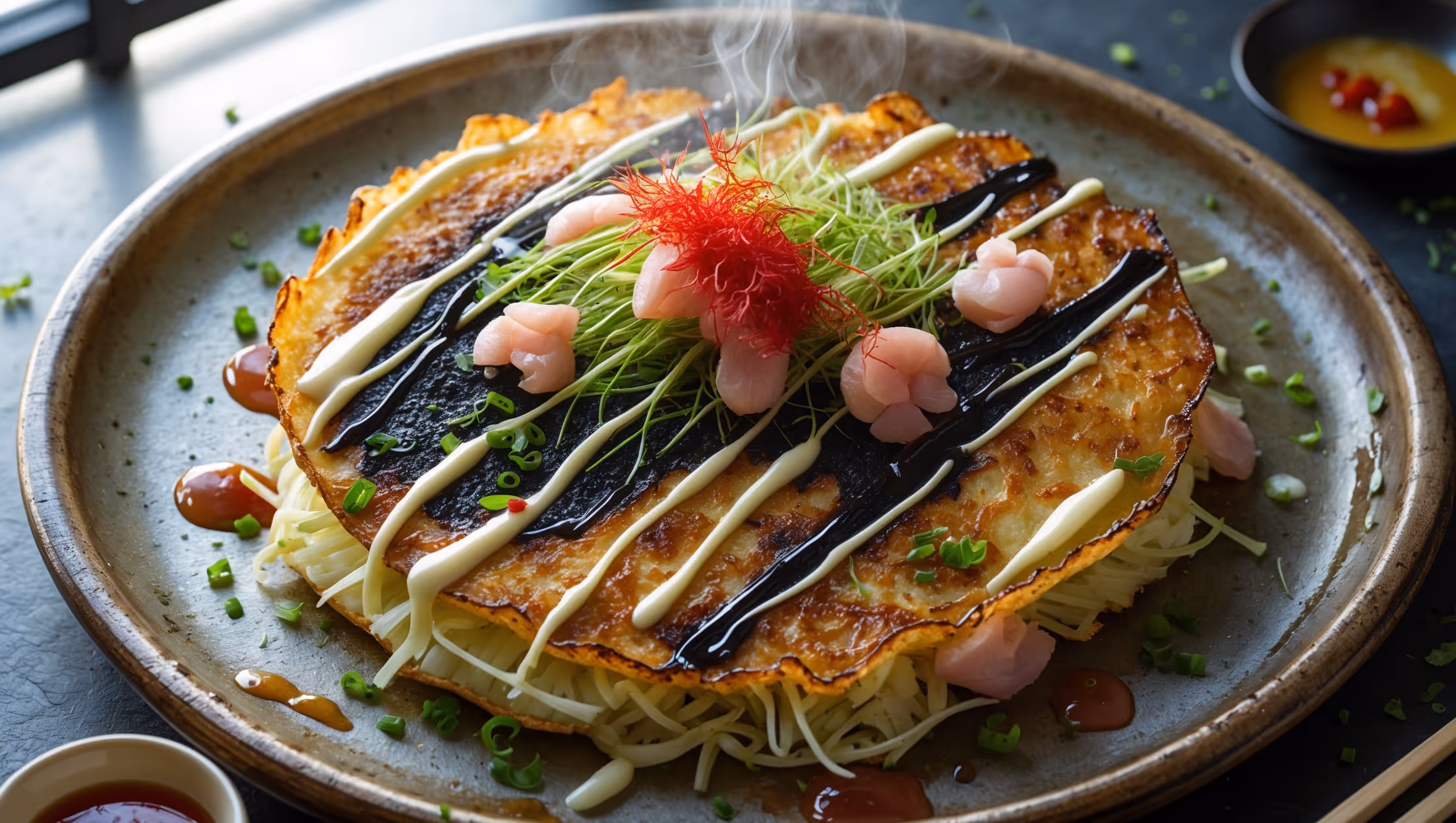 An overhead shot of a golden-brown Okonomiyaki on a rustic ceramic plate, showing its crispy exterior with caramelized edges. Steam rises gently from the pancake, which is drizzled with zigzags of mayonnaise and dark okonomiyaki sauce. A cross-section view reveals strands of cabbage, pink pieces of seafood, and green flecks of spring onions woven through the fluffy interior. The pancake is topped with a sprinkling of aonori seaweed, ruby-red pickled ginger, and delicate bonito flakes that gently wave in the heat. Natural light streams in from a side window, highlighting the contrasting textures and colors against a backdrop of chopsticks, a small dish of extra sauce, and scattered chopped herbs.