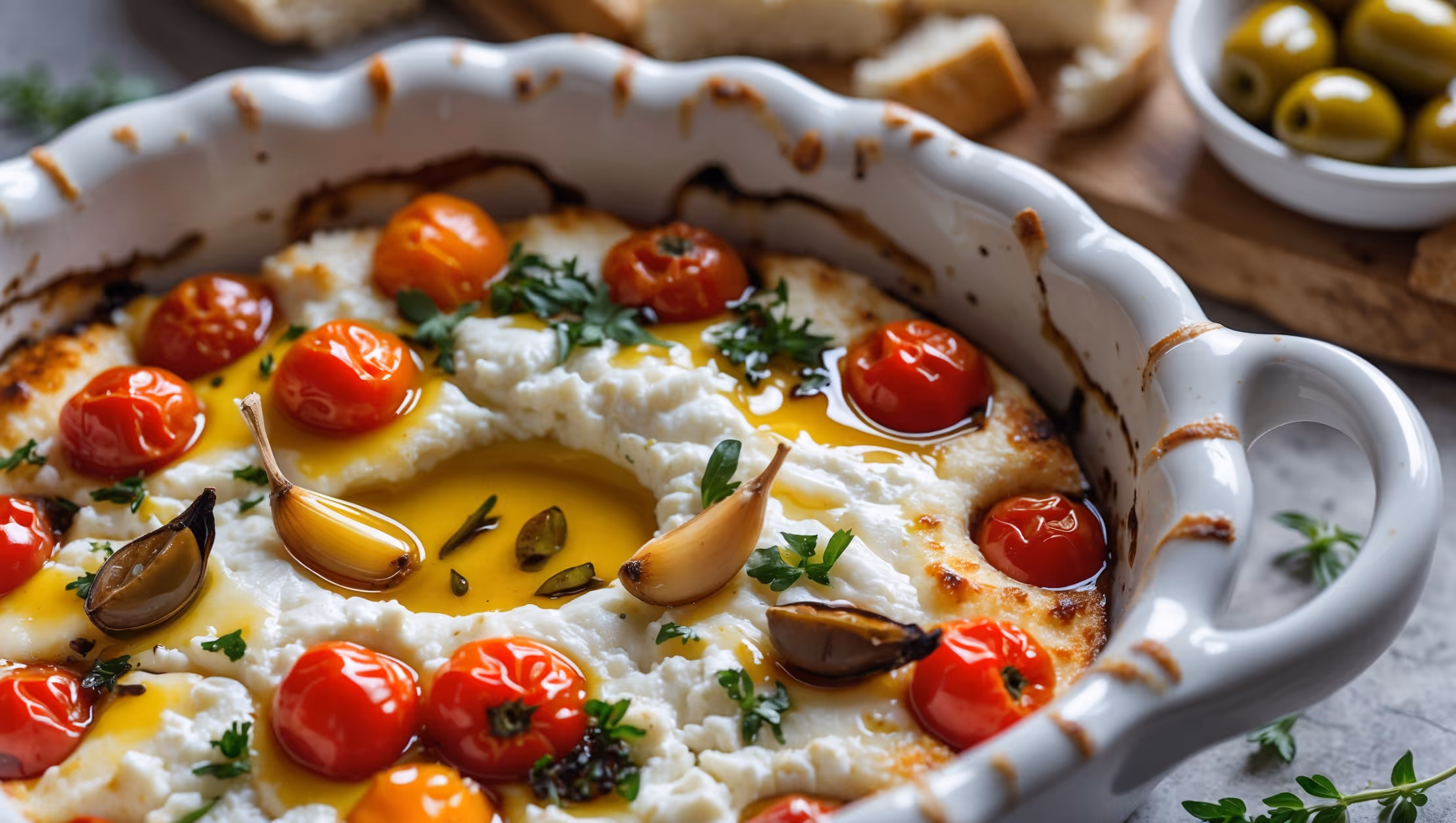 A closeup shot of a white ceramic baking dish containing baked feta cheese, its edges golden-brown and caramelized, center molten and creamy. Captured in soft natural light, the dish showcases vibrant red cherry tomatoes that have burst during baking, releasing their juicy essence alongside scattered green herbs and glistening olive oil. Roasted garlic cloves nestle between colorful bell pepper pieces, while a drizzle of honey creates golden streaks across the cheese's surface. In the background, slightly blurred, sits a rustic wooden board with torn chunks of crusty bread ready for dipping, and a small bowl of glistening olives completes this Mediterranean tableau.